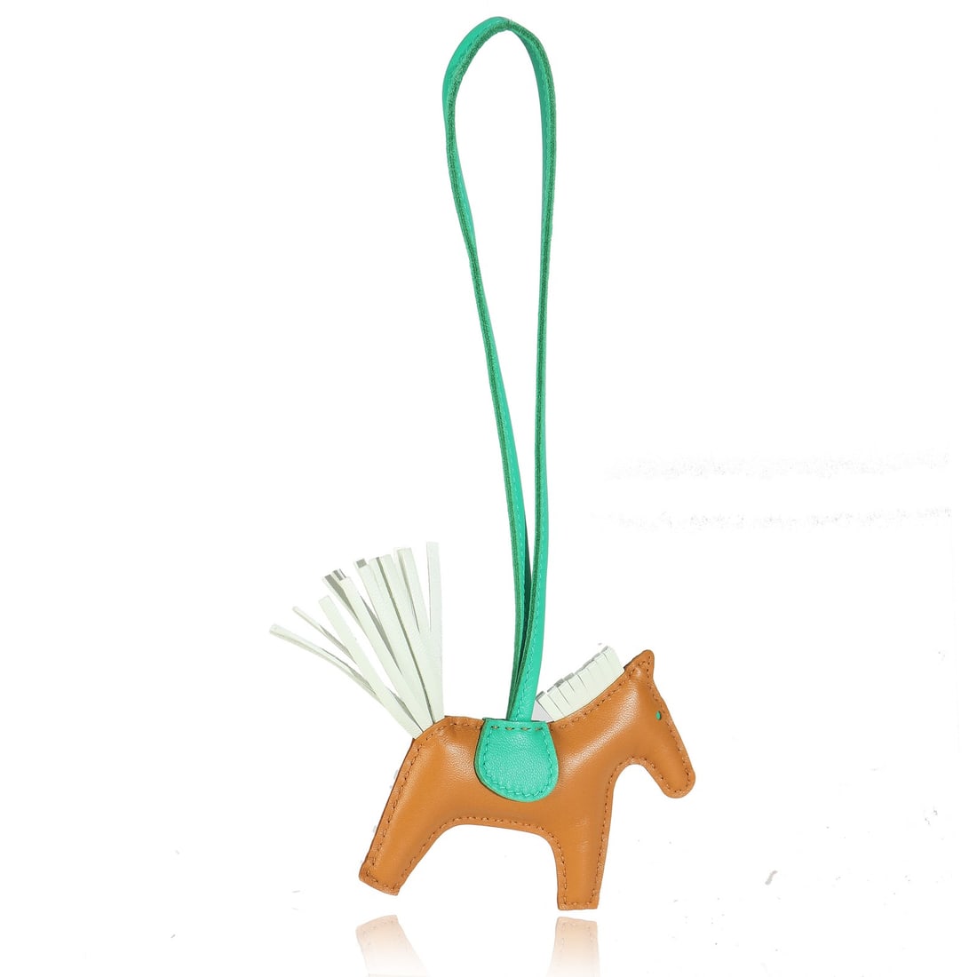 Hermes Rodeo PM Leather Bag Charm in Sesame Vert Fizz Menthe: Hermes Rodeo PM Leather Bag Charm in Sesame Vert Fizz Menthe This Hermes Rodeo PM Grigri bag charm is crafted from Milo lambskin leather in a Sesame Vert Fizz Menthe color combination, featuring brown