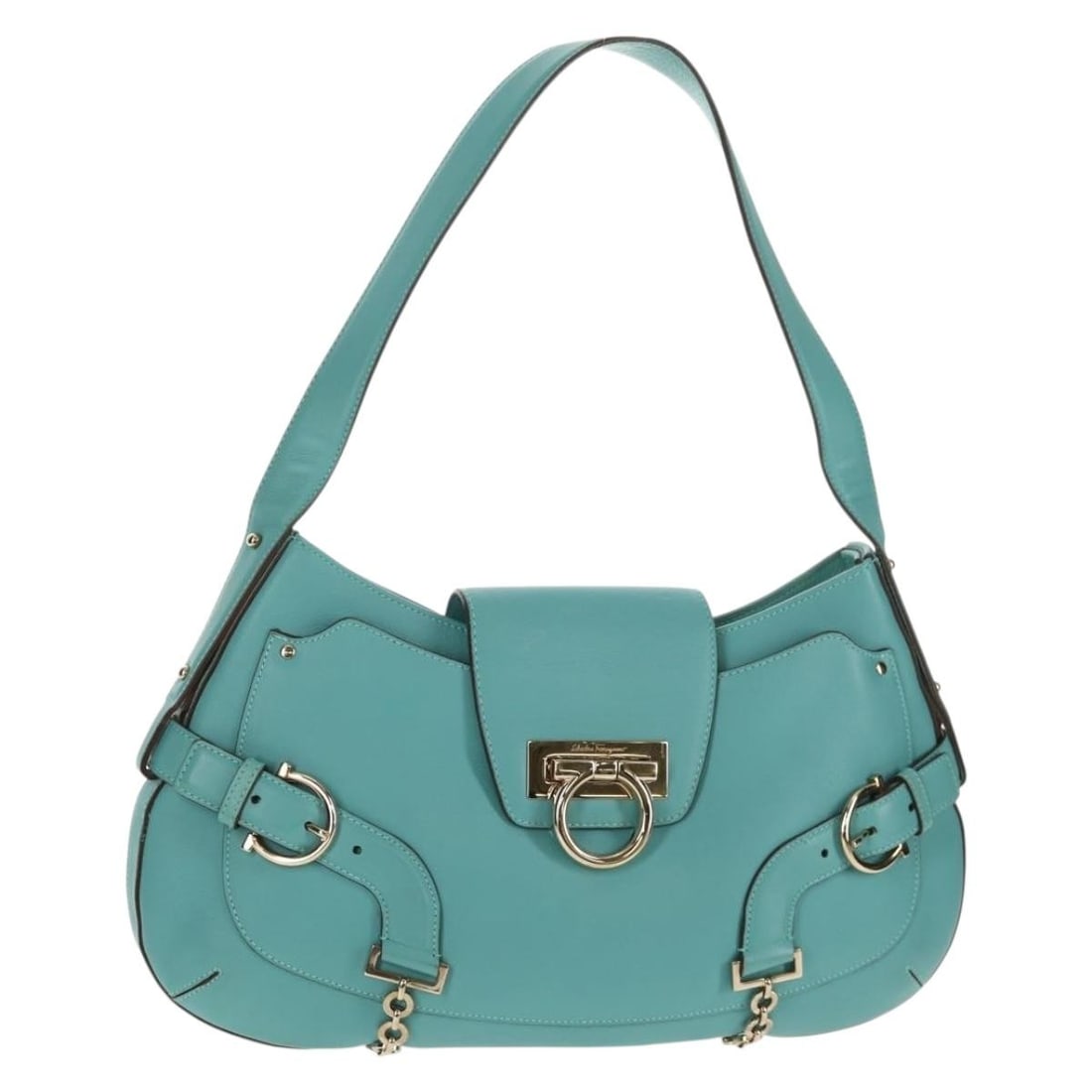Salvatore Ferragamo Gancini Leather Shoulder Bag Turquoise Blue Gold Auth (1 of 18)