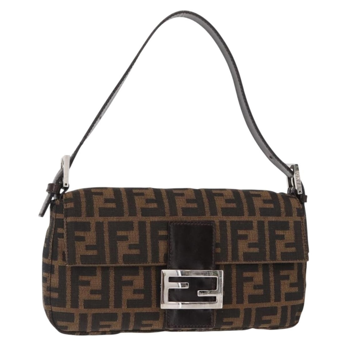 Fendi Zucca Canvas Mamma Baguette Shoulder Bag Black Brown Authentic: Fendi Zucca Canvas Mamma Baguette Shoulder Bag Black Brown Authentic Introducing the FENDI Zucca Canvas Mamma Baguette Shoulder Bag, a stylish accessory crafted in Italy. This shoulder bag showcases a