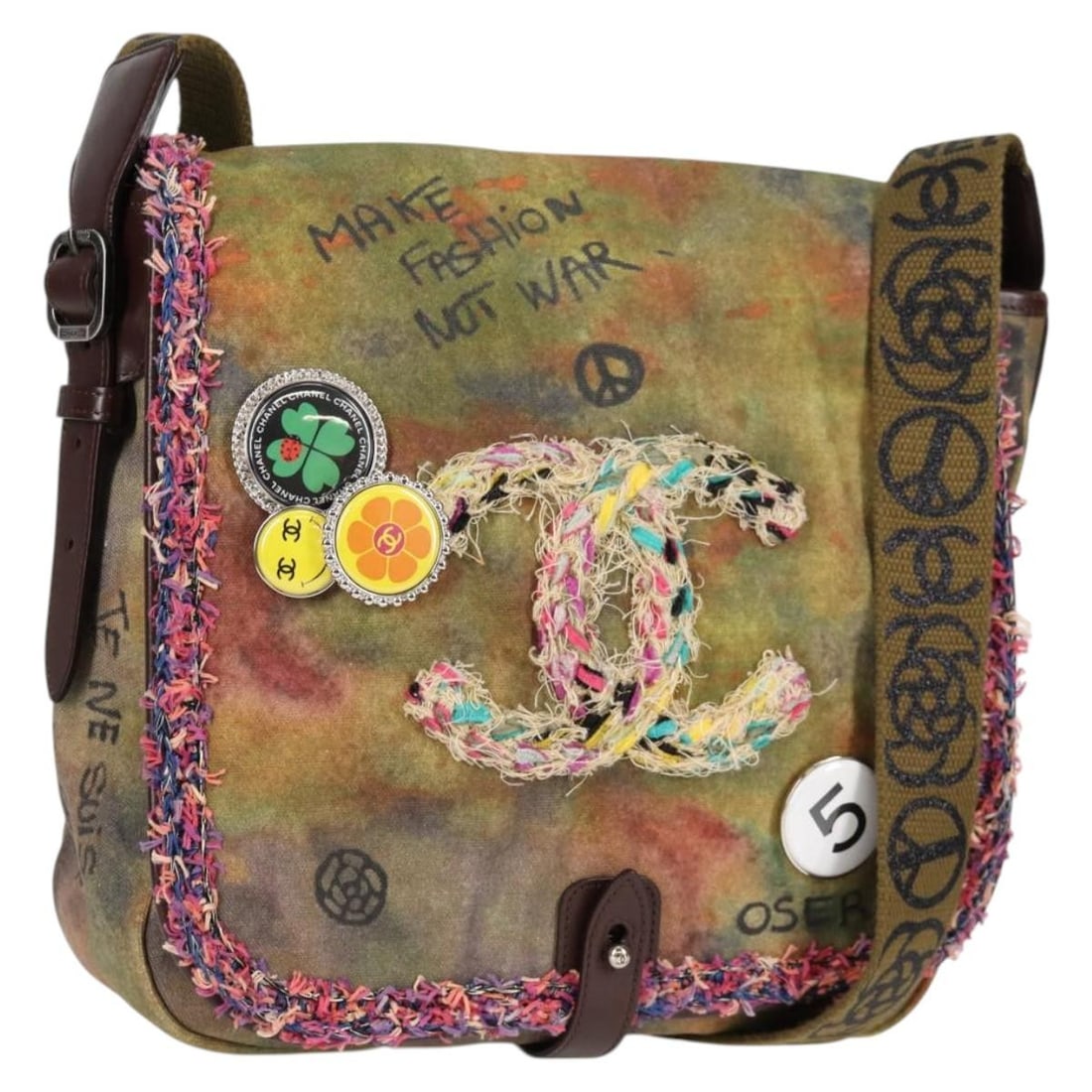 CHANEL Khaki Graffiti Canvas Shoulder Bag with Auth Card: CHANEL Khaki Graffiti Canvas Shoulder Bag with Auth Card Introducing the CHANEL Embroidery Graffiti Shoulder Bag, a stunning blend of style and functionality. Crafted in Italy, this shoulder bag featu