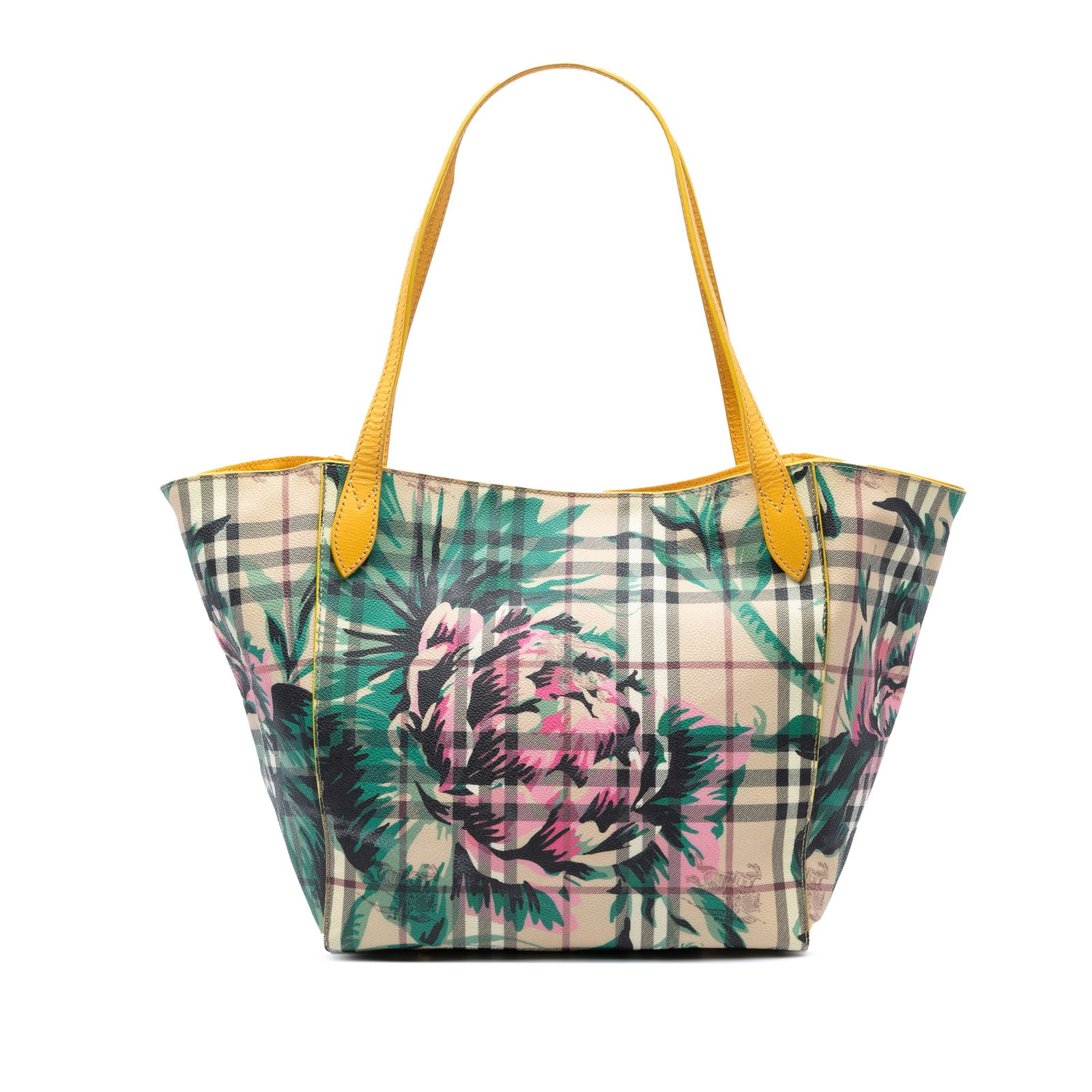 Burberry Small Haymarket Check Floral Coated Canvas Tote: Burberry Small Haymarket Check Floral Coated Canvas Tote The Burberry Small Haymarket Check Floral Print Coated Canvas Canterbury Tote showcases a stylish blend of functionality and elegance. Crafted