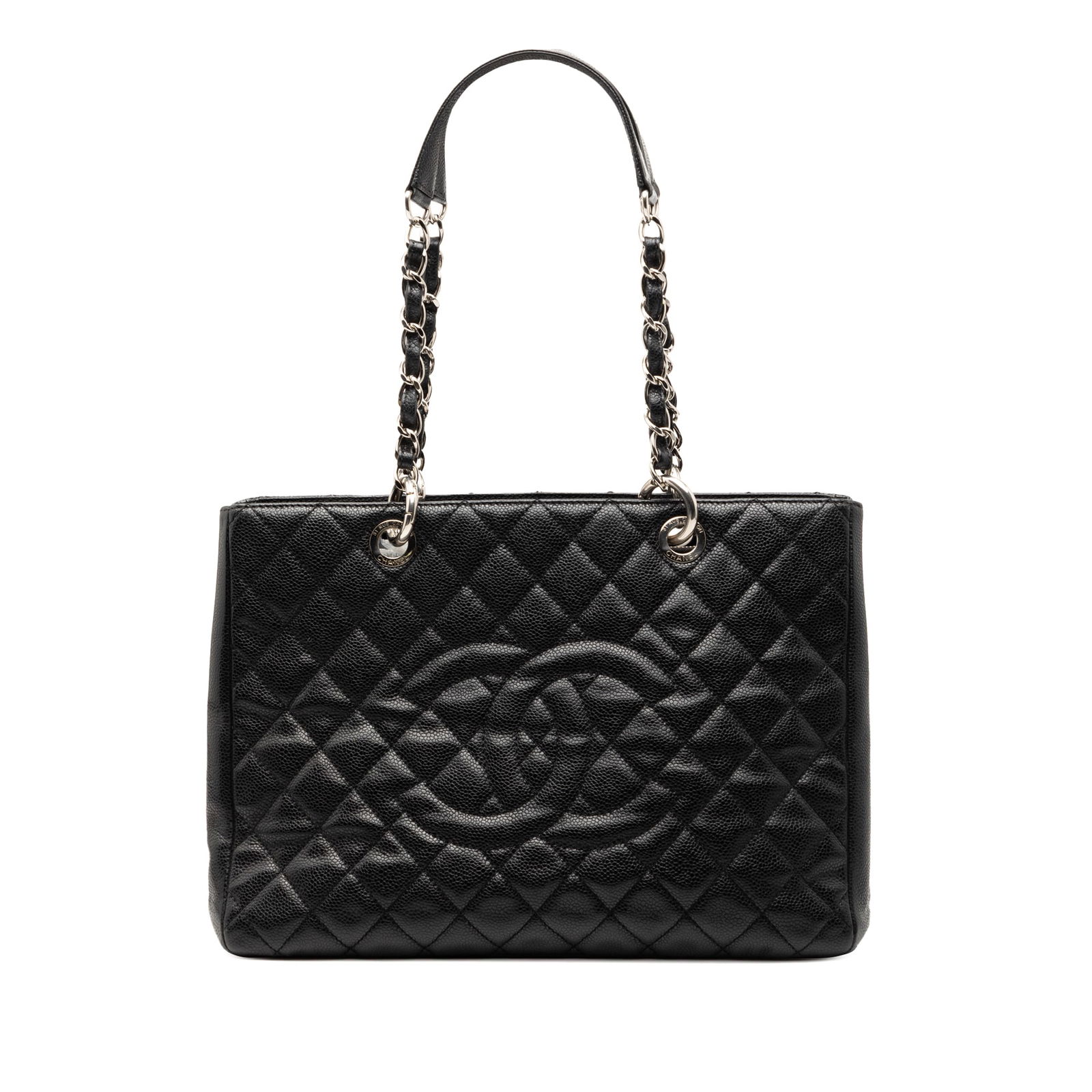 Black Quilted Leather Grand Shopping Tote by Chanel: Black Quilted Leather Grand Shopping Tote by Chanel This Chanel Grand Shopping Tote features a quilted Caviar leather exterior in black, complemented by leather-woven chain shoulder straps. The bag ha