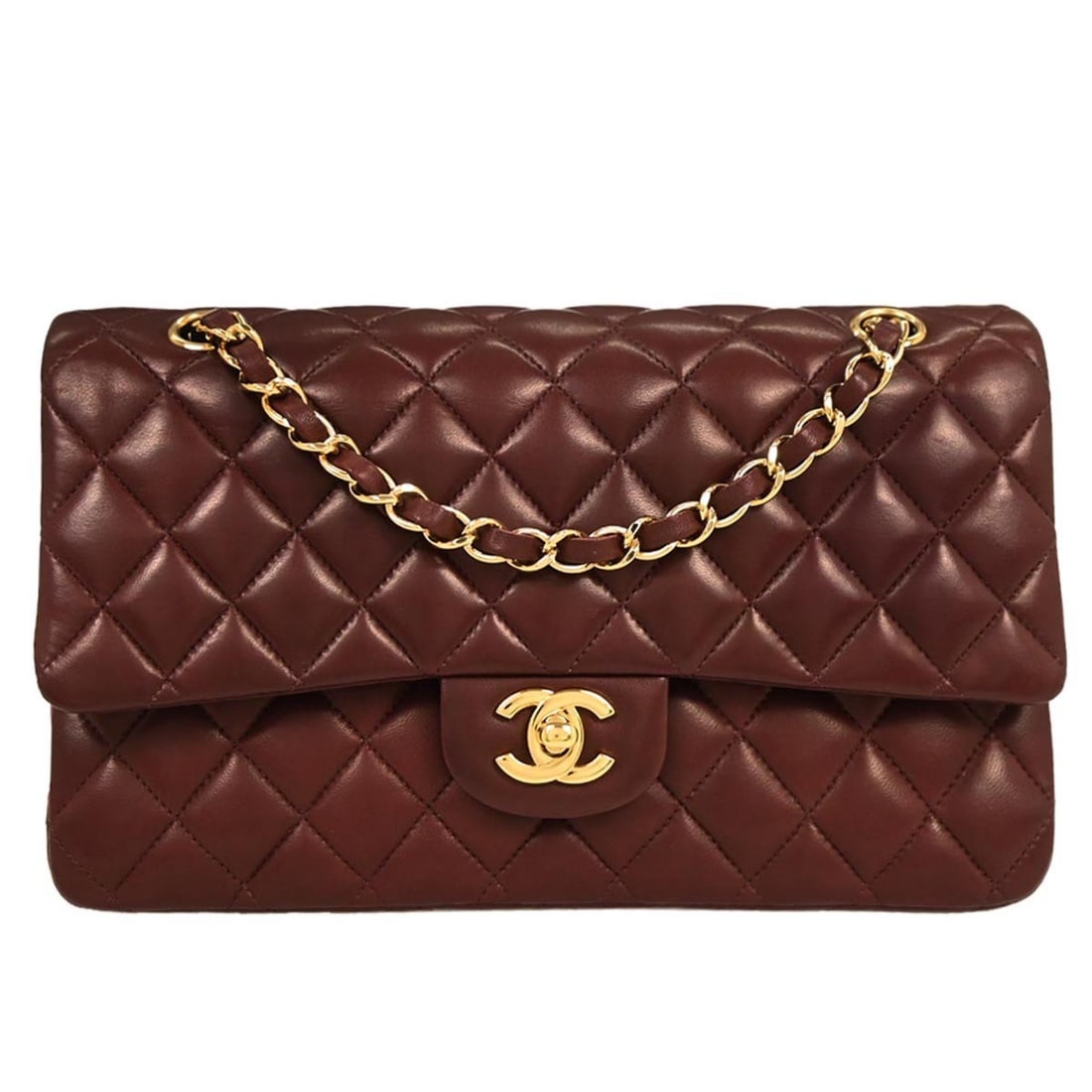 Chanel Bordeaux Lambskin Medium Classic Double Flap Shoulder Bag: Chanel Bordeaux Lambskin Medium Classic Double Flap Shoulder Bag Introducing the Chanel Bordeaux Lambskin Medium Classic Double Flap Shoulder Bag, a timeless addition to any fashionista's collection.