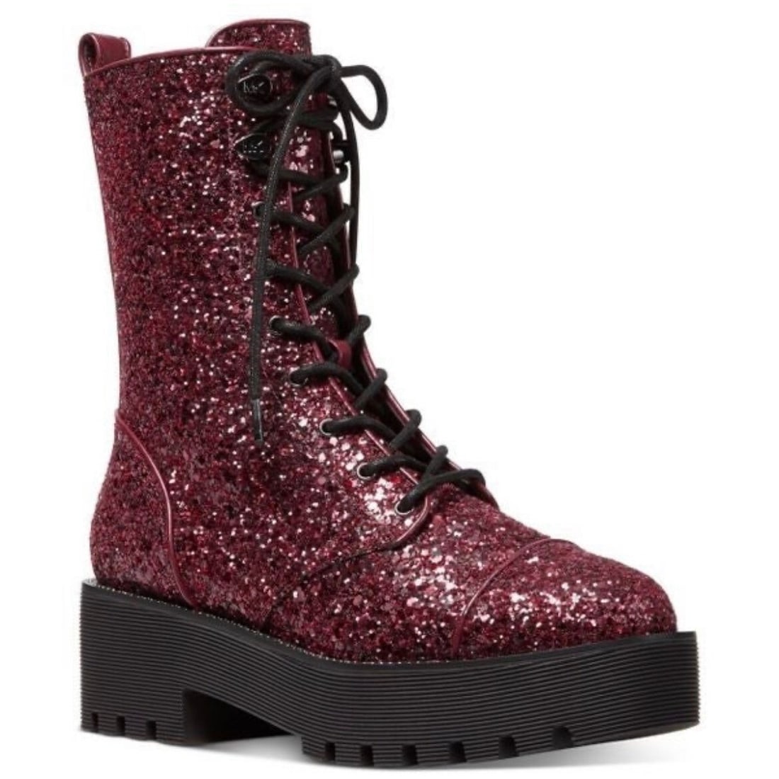 Michael Kors Bryce Burgundy Glitter Combat Booties Women's 7: Michael Kors Bryce Burgundy Glitter Combat Booties Women's 7 Step into comfort and style with the Michael Michael Kors Bryce Combat Booties, designed for the modern woman. These mid-calf booties featu