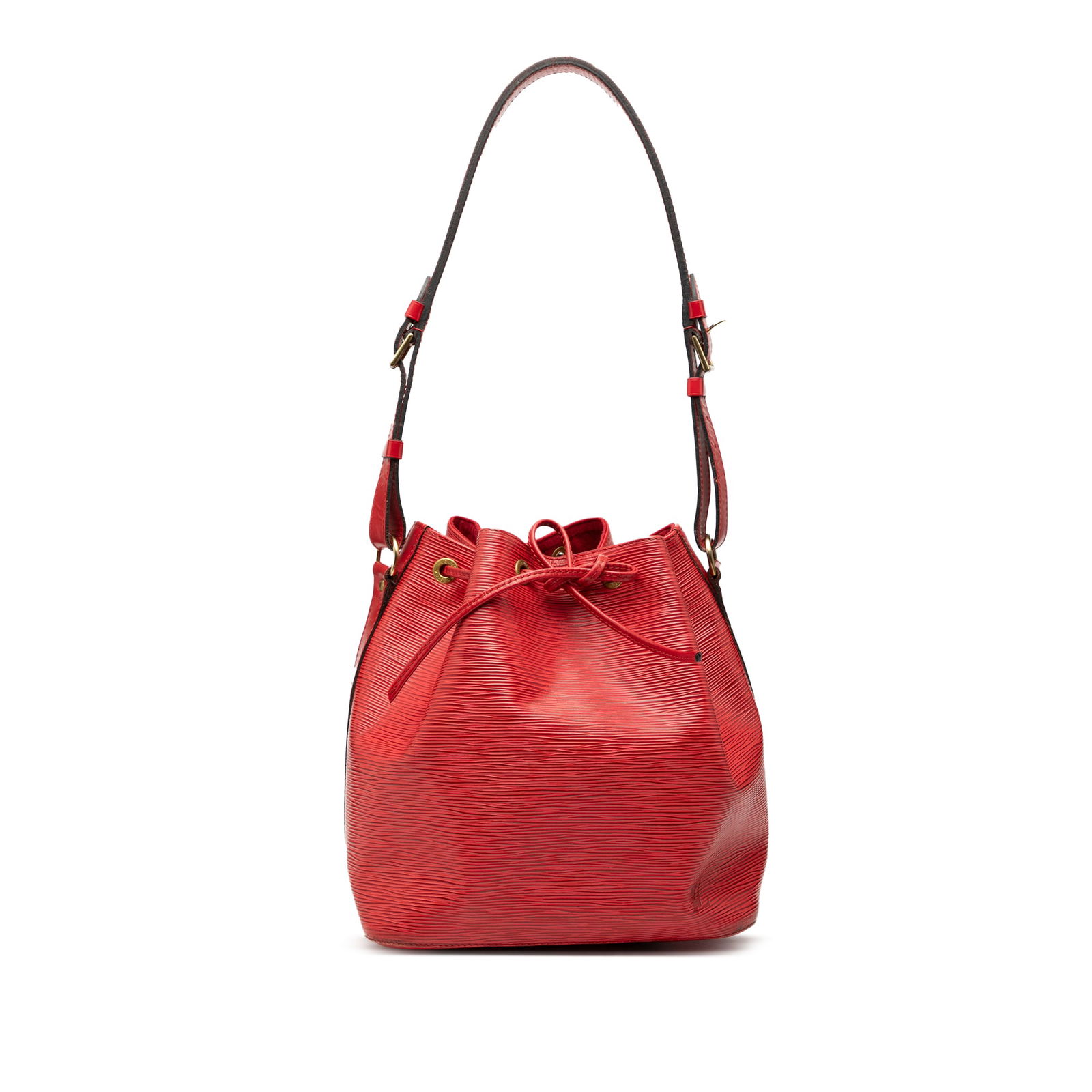 Louis Vuitton Petit Noe Red Epi Leather Drawstring Shoulder Bag: Louis Vuitton Petit Noe Red Epi Leather Drawstring Shoulder Bag The Louis Vuitton Epi Petit Noe features a red epi leather body with flat leather shoulder straps and a drawstring closure. This bag sho