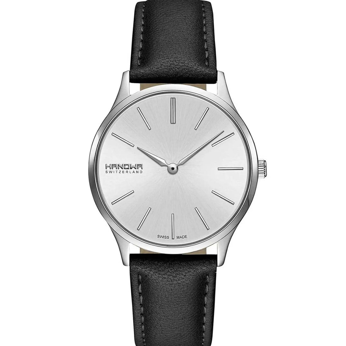 Hanowa Pure Quartz Ladies Watch 35mm Stainless Steel Silver Dial Leather Strap: Hanowa Pure Quartz Ladies Watch 35mm Stainless Steel Silver Dial Leather Strap Discover the elegance of the Hanowa Pure wristwatch, featuring a sleek 35 mm stainless steel case with a polished finish.