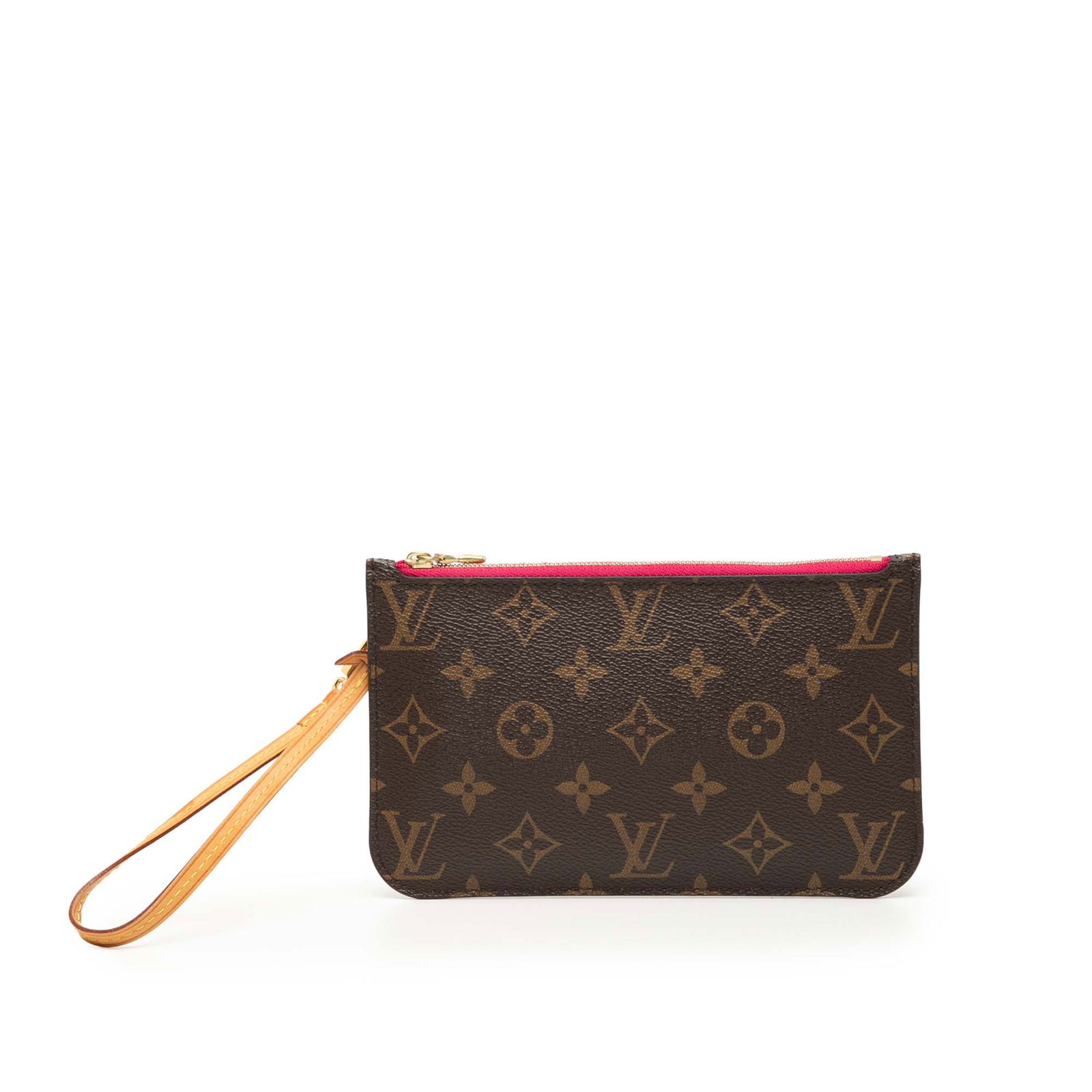 Louis Vuitton Monogram Neverfull Pouch with Leather Strap: Louis Vuitton Monogram Neverfull Pouch with Leather Strap The Louis Vuitton Monogram Neverfull Pouch is a stylish and functional accessory crafted from signature monogram canvas. It features a flat va