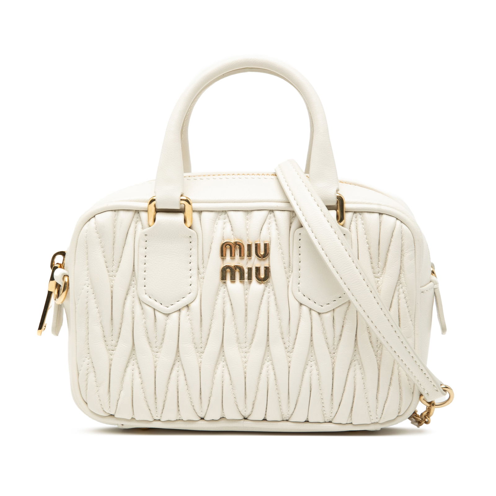 Miu Miu Arcadie Mini White Matelasse Leather Satchel with Strap: Miu Miu Arcadie Mini White Matelasse Leather Satchel with Strap This Miu Miu Mini Matelasse Nappa Arcadie Satchel features a quilted leather body with rolled leather handles and a detachable flat leat
