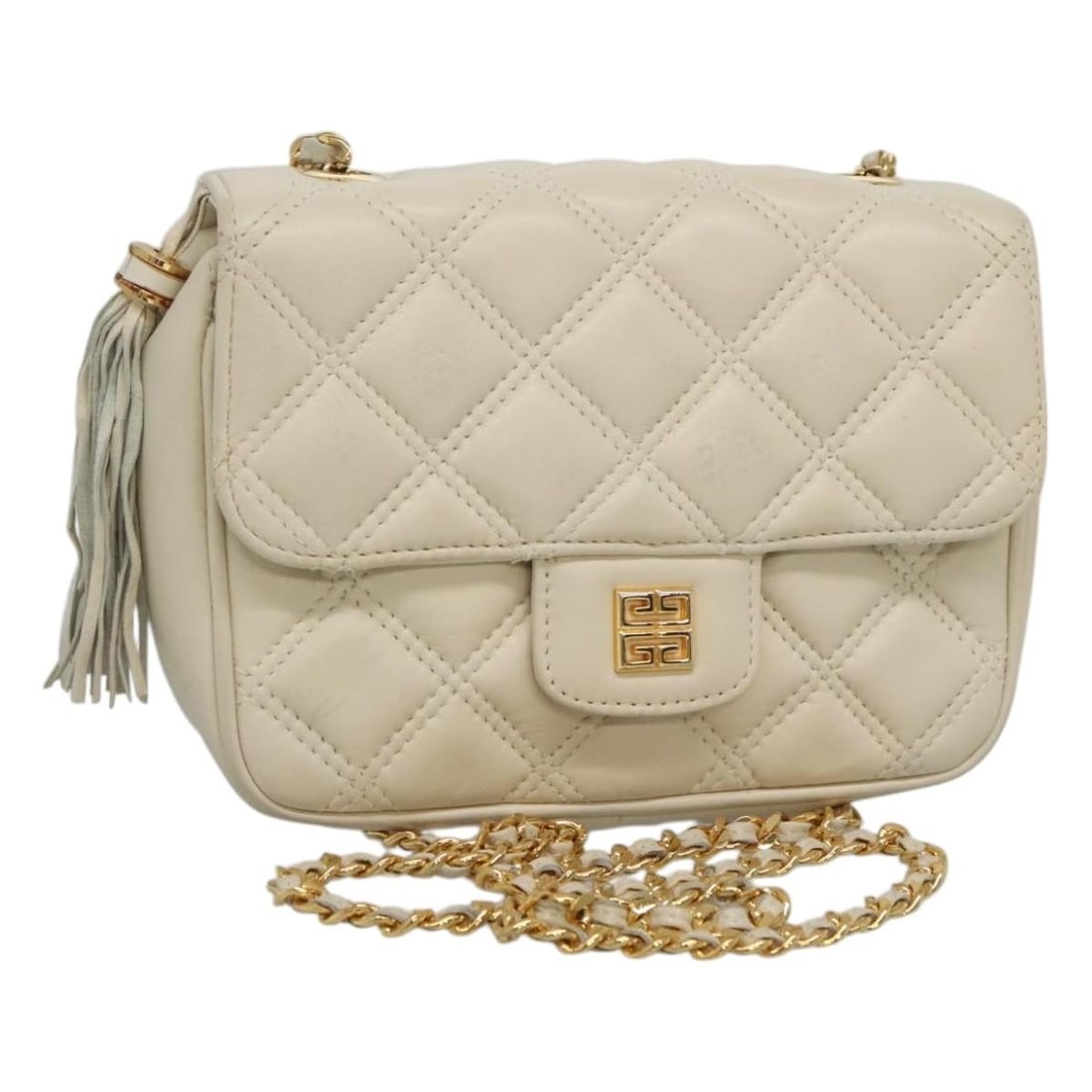 White Shoulder Bag by Givenchy with Classic Design: White Shoulder Bag by Givenchy with Classic Design This Givenchy shoulder bag for women features a white exterior with signs of use including out of shape areas, rubbing, slight stains, and scratches