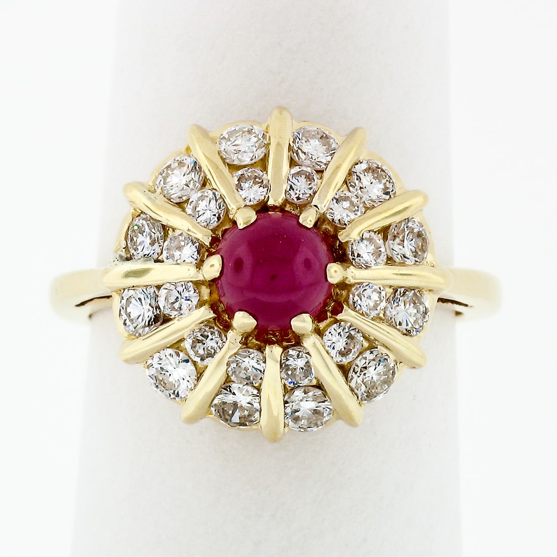 14k Yellow Gold 1.67ct Cabochon Ruby Diamond Cocktail Ring: 14k Yellow Gold 1.67ct Cabochon Ruby Diamond Cocktail Ring Exquisite 14k Yellow Gold Cocktail Ring featuring a stunning 1.67ct Cabochon Ruby at its center. This elegant platter ring showcases a natura