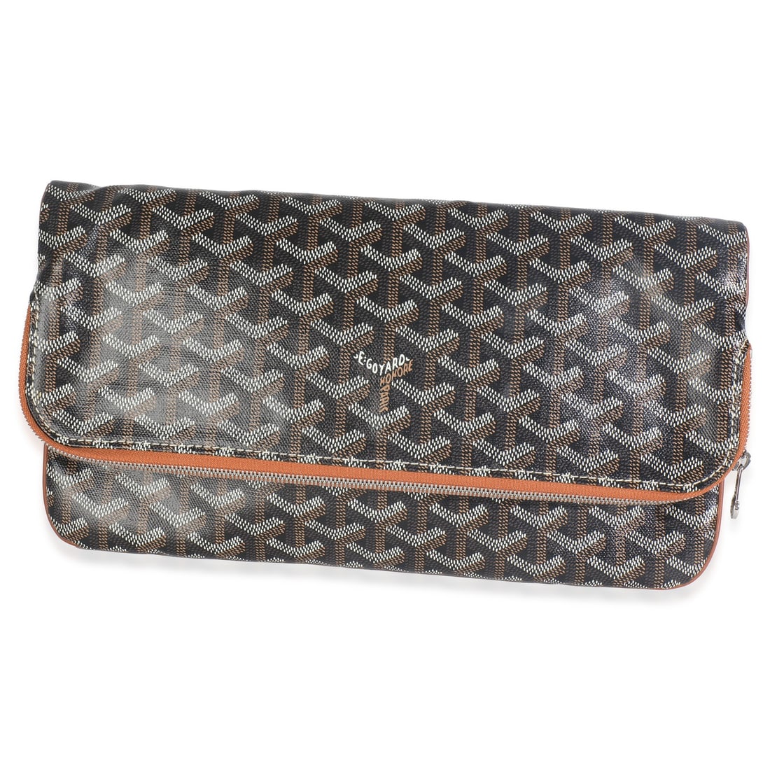 Saint Marie Soft Clutch Black Coated Canvas Gold Goyardine Pattern: Saint Marie Soft Clutch Black Coated Canvas Gold Goyardine Pattern This is a pre-owned Goyard Saint Marie Soft Clutch, crafted from black Goyardine coated canvas with silver-tone hardware and a zip-to