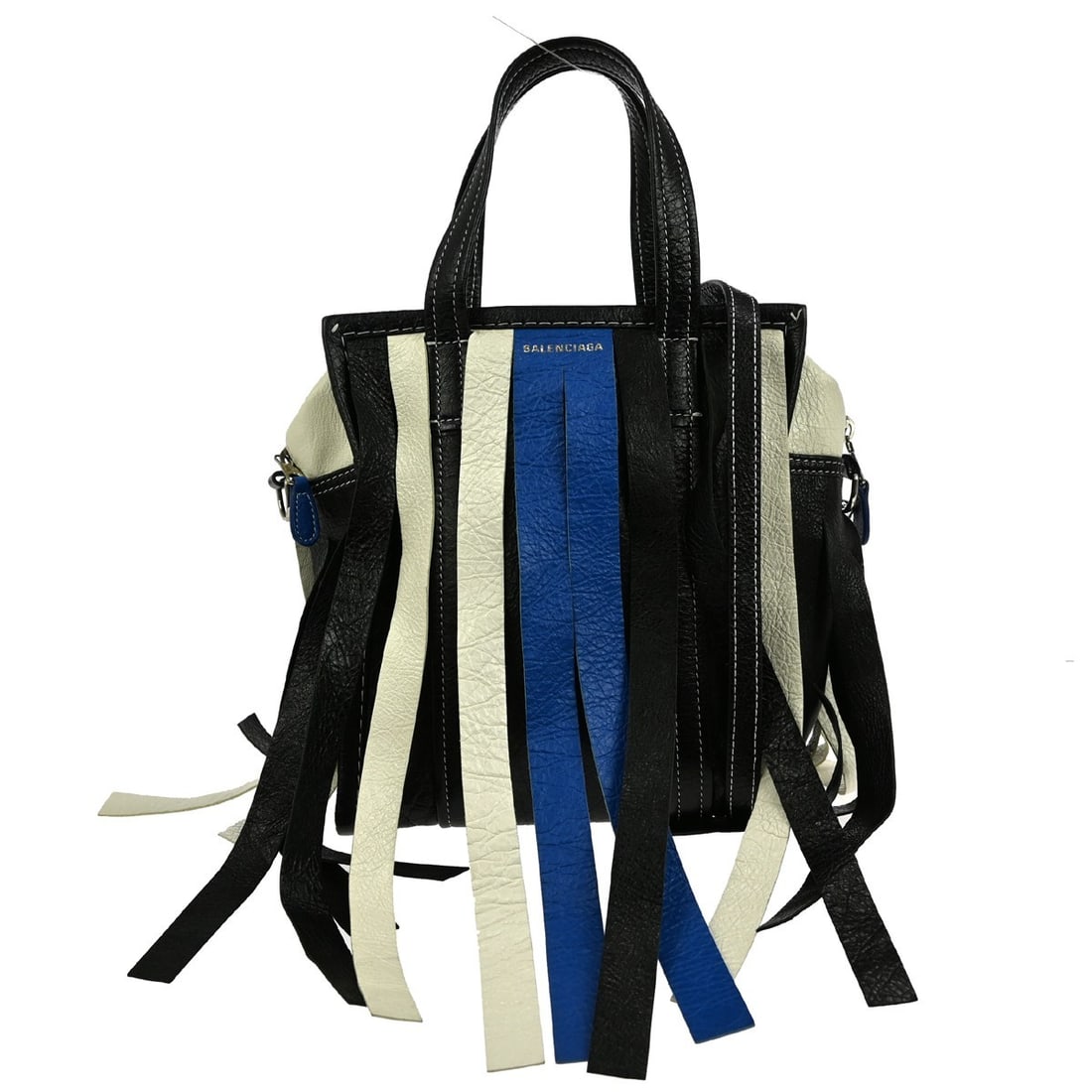 Balenciaga Bazar Fring Medium Leather Top Handle Bag Black 2way: Balenciaga Bazar Fring Medium Leather Top Handle Bag Black 2way This Balenciaga 2-way Bazar Fring handbag features a top handle design in black leather with logo accents. Suitable for casual occasions