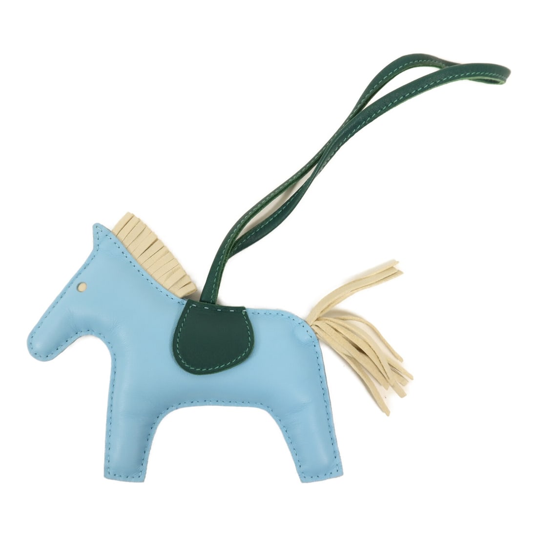 HERMES Rodeo MM Charm Lambskin Bleu Atoll France: HERMES Rodeo MM Charm Lambskin Bleu Atoll France Introducing the HERMES Rodeo MM Charm, crafted from luxurious lambskin (sheep leather) in an exquisite Bleu Atoll color. This charming accessory is a p