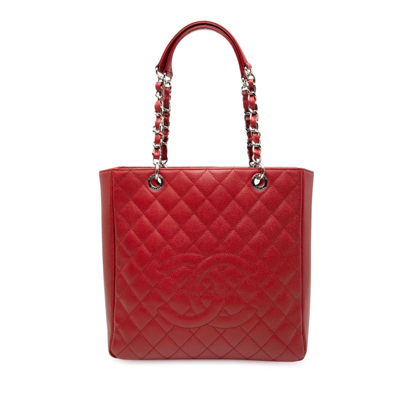 Chanel Caviar Vertical Grand Shopping Tote Red Leather Italy: Chanel Caviar Vertical Grand Shopping Tote Red Leather Italy This Chanel Caviar Vertical Grand Shopping Tote is elegantly designed with a luxurious caviar leather body in a vibrant red color. It featu