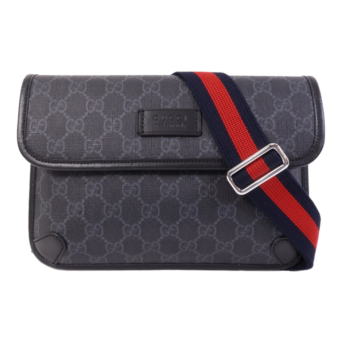 Gucci Black GG Waist Bag 598113 Coated Canvas with Silver Hardware: Gucci Black GG Waist Bag 598113 Coated Canvas with Silver Hardware This GUCCI GG waist bag features a sleek black PVC coated canvas exterior and silver-tone hardware. Designed as a versatile waist or