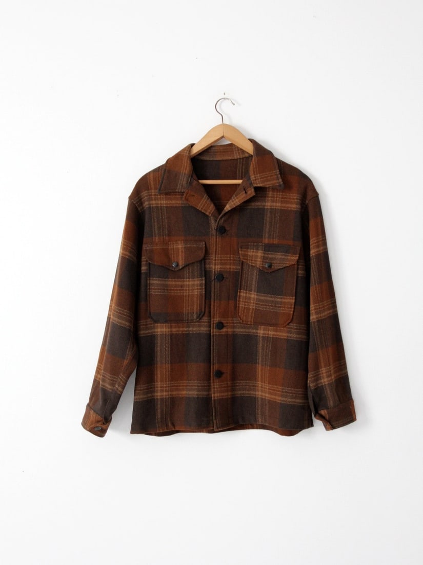 1960s Vintage Wool Plaid Shirt Jacket Tan Brown Gold (1 of 6)