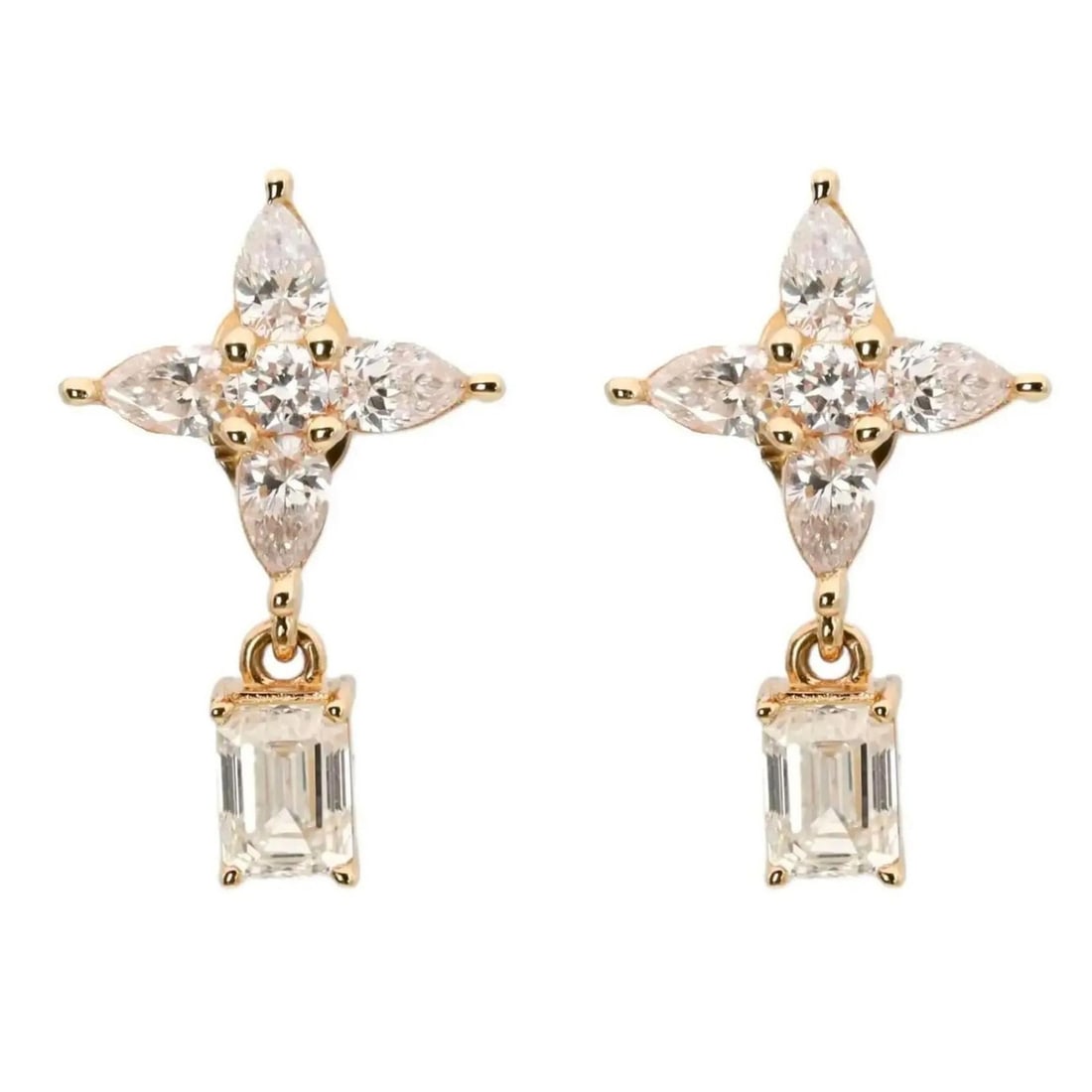 Lab Created Diamond Floral Dangle Earrings in 14K Yellow Gold 1.50ctw: Lab Created Diamond Floral Dangle Earrings in 14K Yellow Gold 1.50ctw These Rachel Koen flower drop earrings are crafted in 14k yellow gold and feature a total of 1.50 carats of lab grown diamonds. Ea