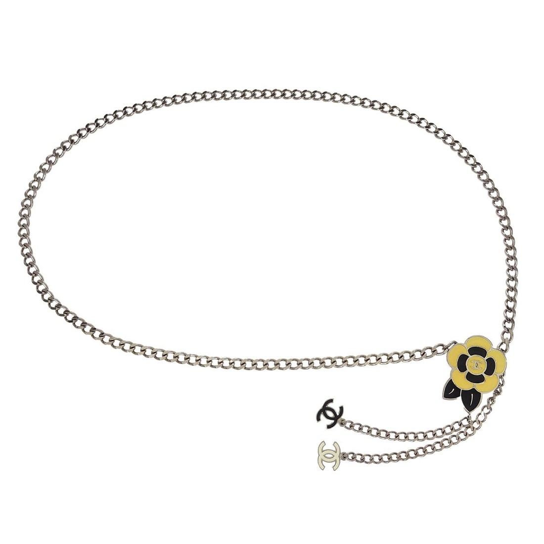 Chanel Silver Plated Chain Belt with Camellia 05P: Chanel Silver Plated Chain Belt with Camellia 05P This exquisite Chanel chain belt features a beautiful silver camellia design, making it a stunning accessory for any outfit. Crafted from silver-plate