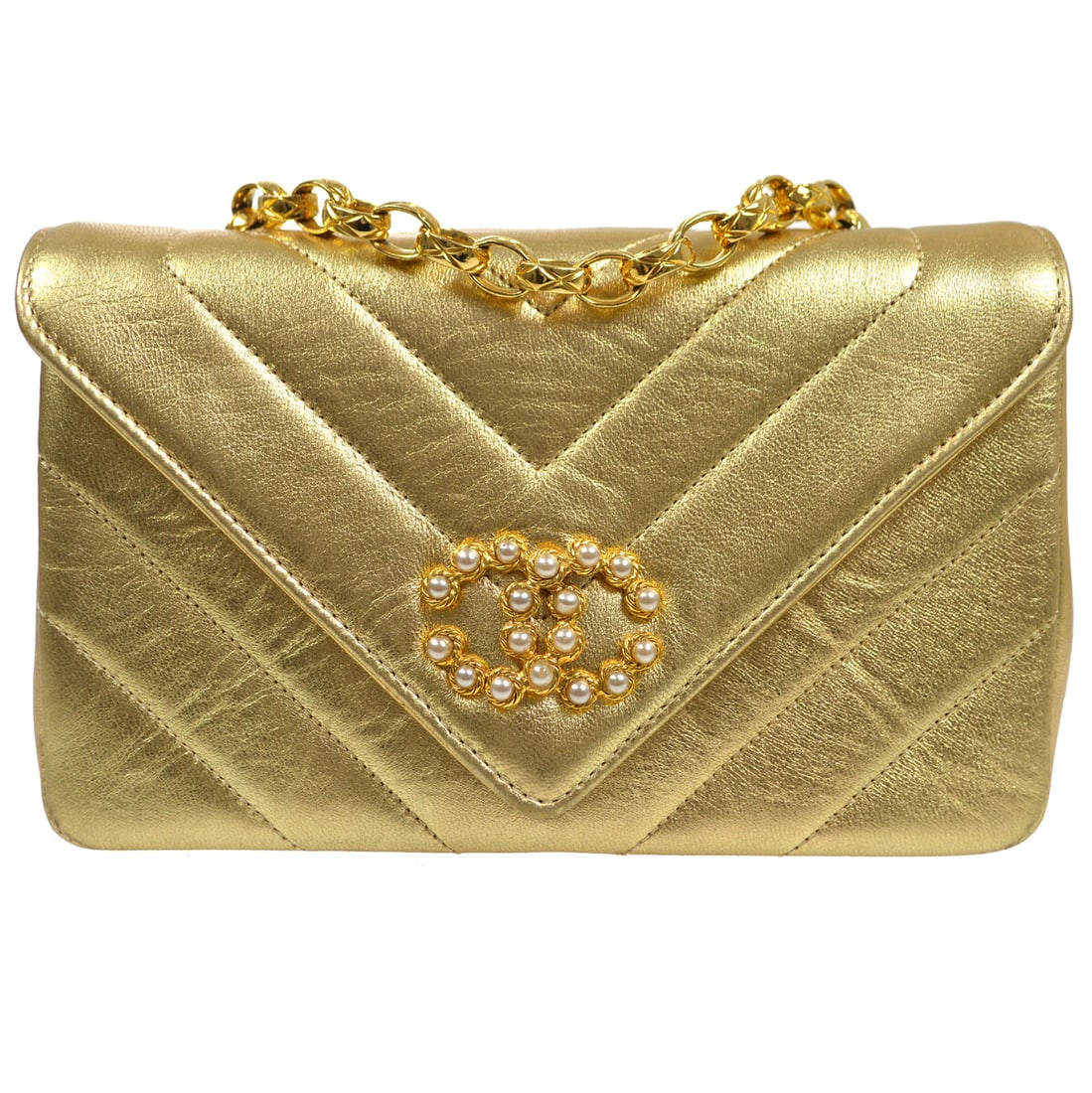 Chanel Gold Chevron Single Chain Shoulder Bag with Turn Lock (1 of 11)