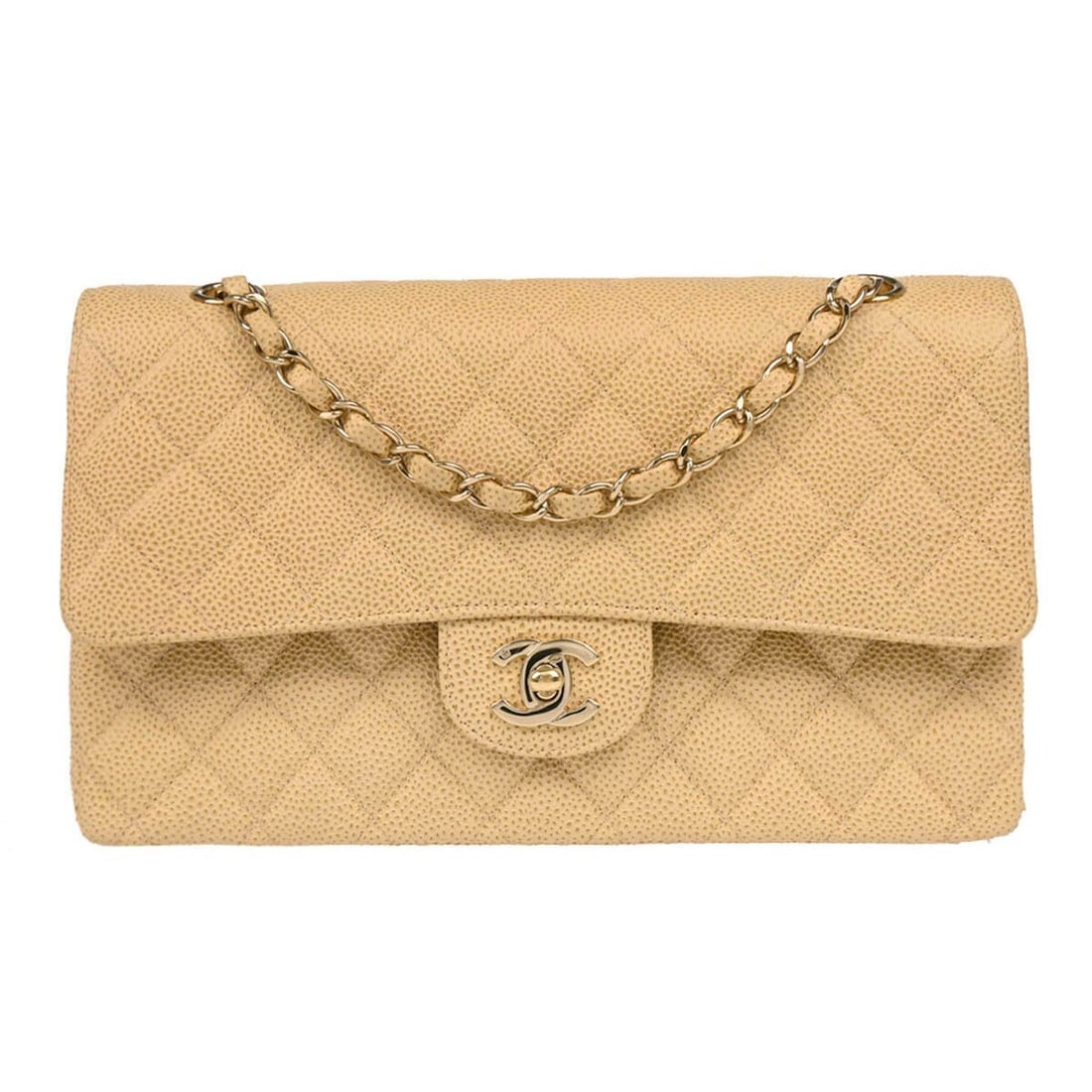 Chanel Beige Caviar Medium Classic Double Flap Shoulder Bag Gold Hardware (1 of 11)