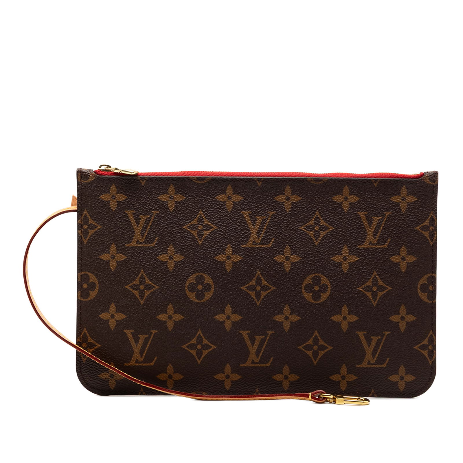 Louis Vuitton Neverfull MM Monogram Canvas Pouch with Wrist Strap: Louis Vuitton Neverfull MM Monogram Canvas Pouch with Wrist Strap This Louis Vuitton Monogram Neverfull Pouch MM features a brown monogram canvas body with a detachable flat vachetta leather wrist str