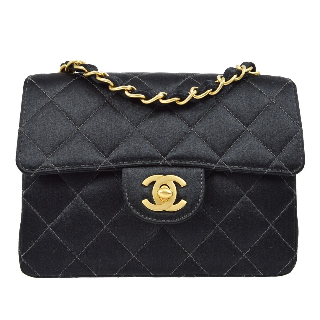 Chanel Black Satin Mini Classic Flap Shoulder Bag with Chain Strap (1 of 8)