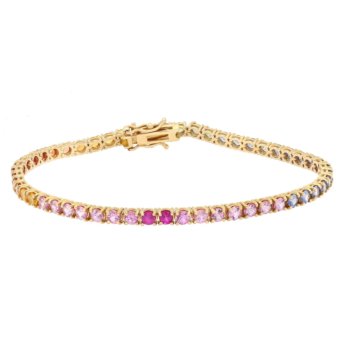 Rachel Koen 14K Yellow Gold Rainbow Tennis Bracelet 7Cttw Multi Sapphire 7 Inches: Rachel Koen 14K Yellow Gold Rainbow Tennis Bracelet 7Cttw Multi Sapphire 7 Inches This exquisite Natural Multi Sapphire Rainbow Tennis Bracelet is a stunning accessory crafted from 14K yellow gold and
