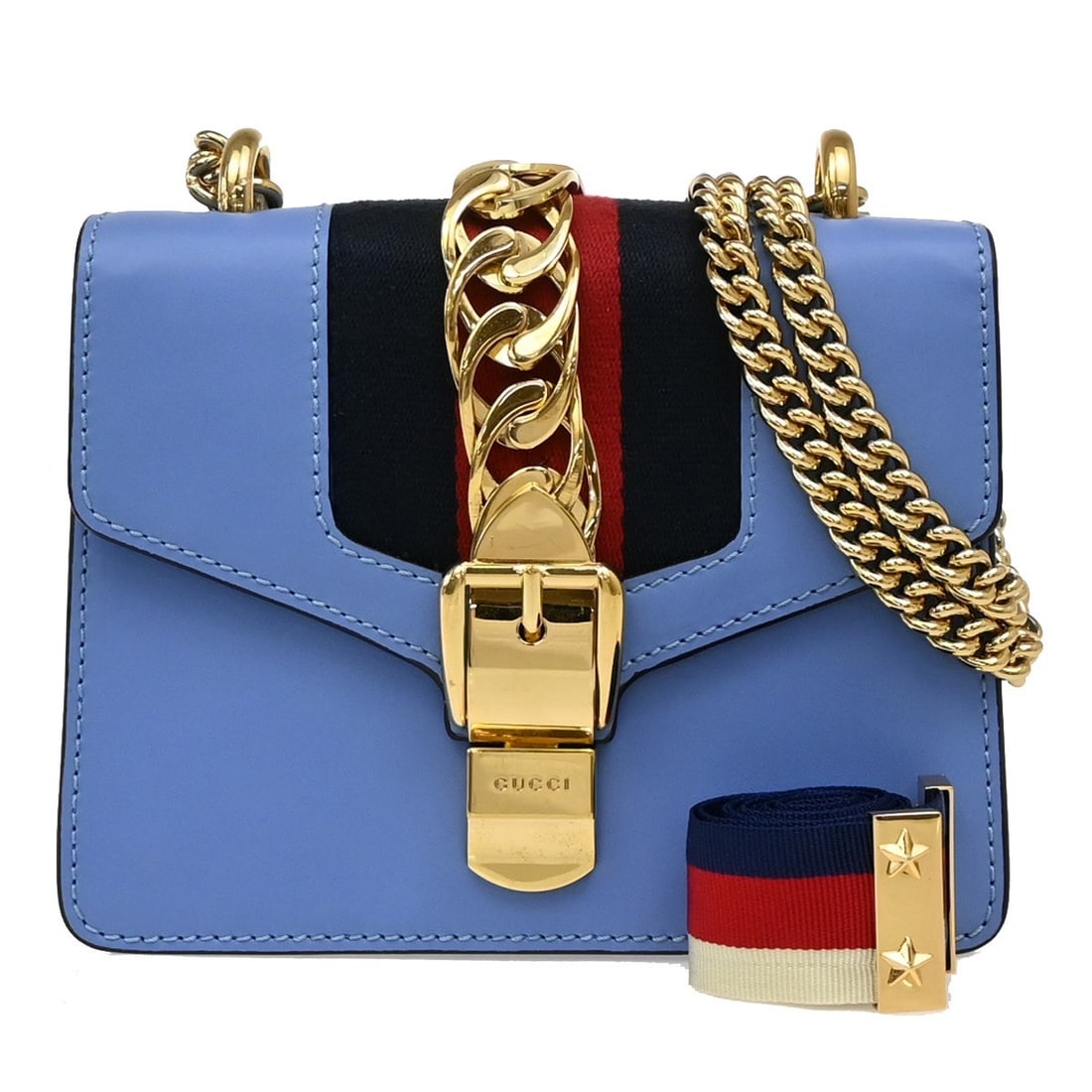 Blue Gucci Sylvie Women's Shoulder Bag: Blue Gucci Sylvie Women's Shoulder Bag This Gucci Sylvie shoulder bag features a blue exterior with a metal belt detail. Designed for women, the bag shows signs of wear including scuffs, stains, dirt,