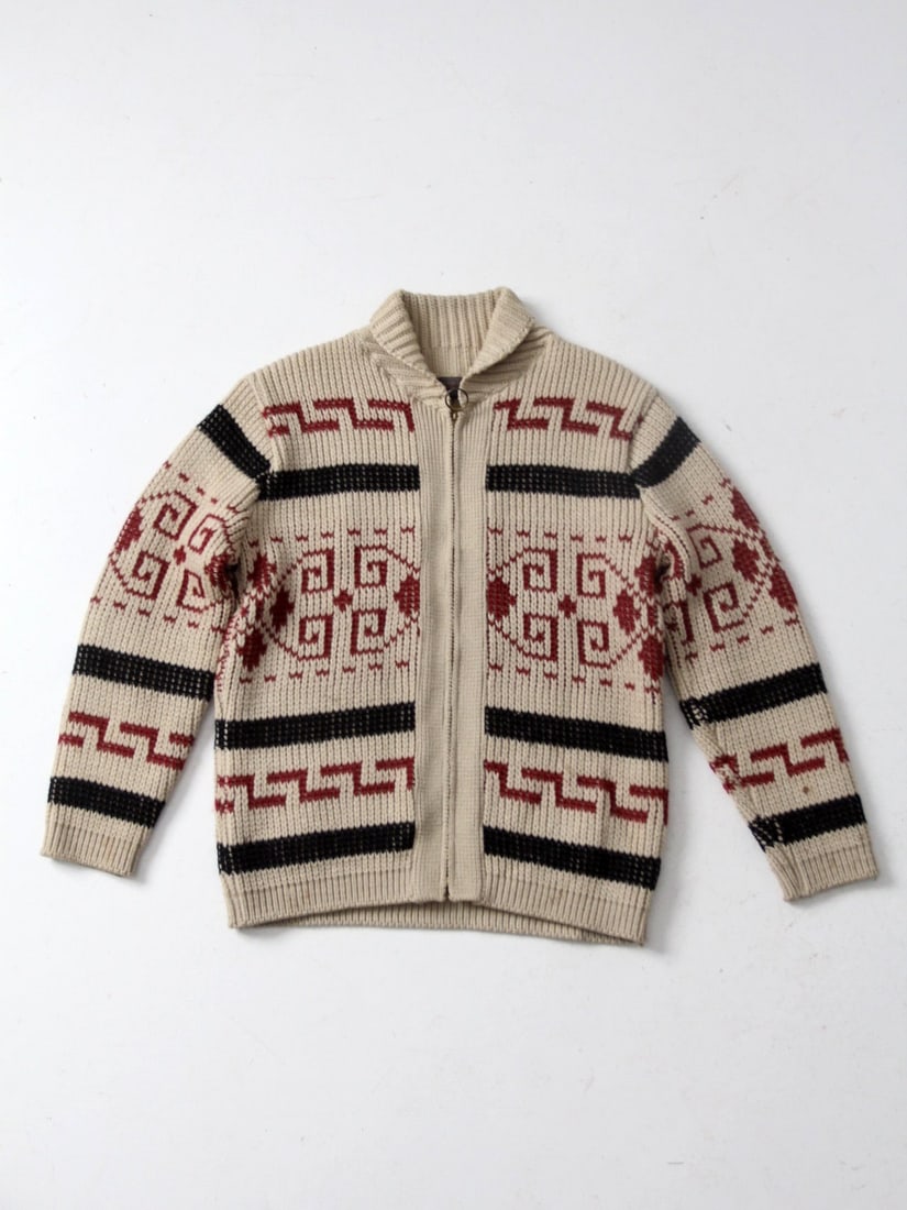 1970s Vintage Pendleton Cowichan Style Wool Cardigan Sweater: 1970s Vintage Pendleton Cowichan Style Wool Cardigan Sweater Discover this authentic 1970s vintage Pendleton cardigan sweater, showcasing a classic Cowichan style pattern. Crafted from cream wool, thi