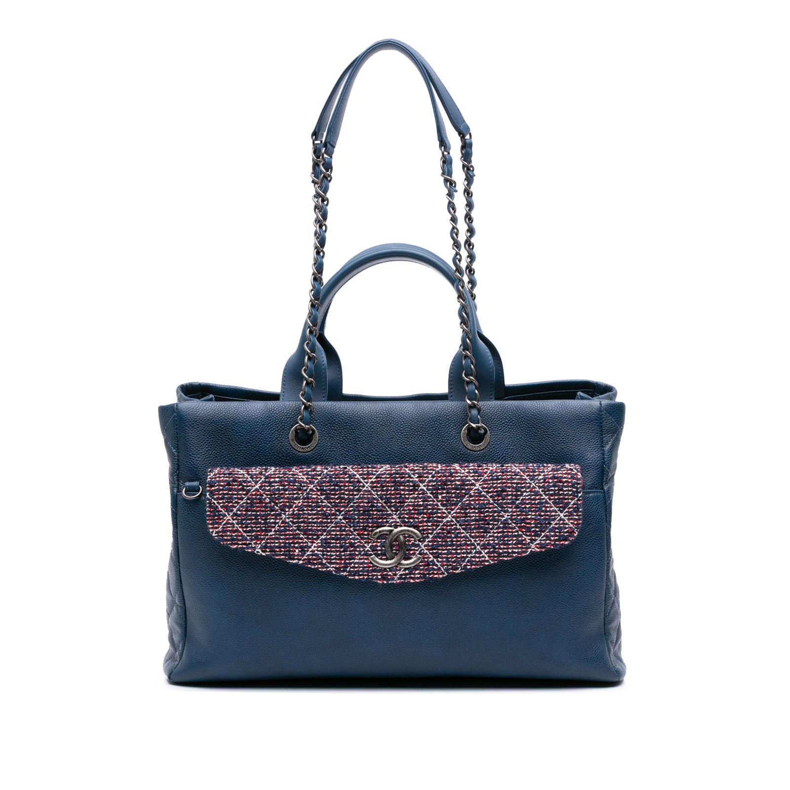 Chanel Large Blue Caviar Leather and Tweed Coco Break Tote: Chanel Large Blue Caviar Leather and Tweed Coco Break Tote The Chanel Large Caviar and Tweed Coco Break Shopping Tote is a sophisticated blend of luxury and practicality. Crafted from high-quality cav