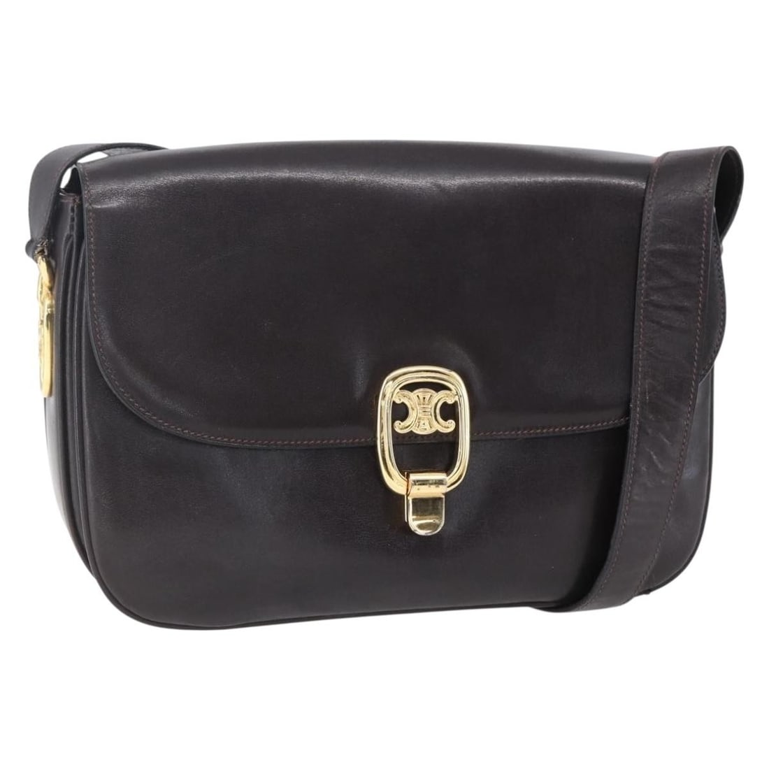 CELINE Brown Leather Shoulder Bag Gold Accents Authenticated Italy: CELINE Brown Leather Shoulder Bag Gold Accents Authenticated Italy Introducing a stylish Celine Shoulder Bag, expertly crafted in Italy from high-quality leather in a rich brown and gold color scheme.