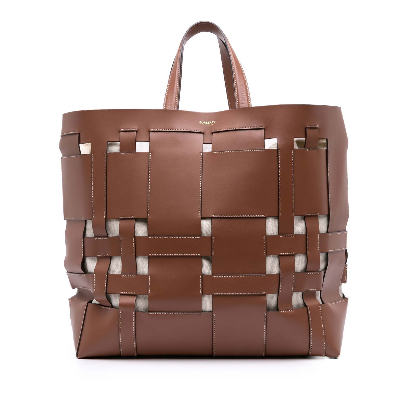 Burberry Large Leather Foster Tote Brown Woven with Pouch Italy: Burberry Large Leather Foster Tote Brown Woven with Pouch Italy The Burberry Large Leather Foster Tote is a stylish and functional accessory crafted from woven leather. It features flat handles and an