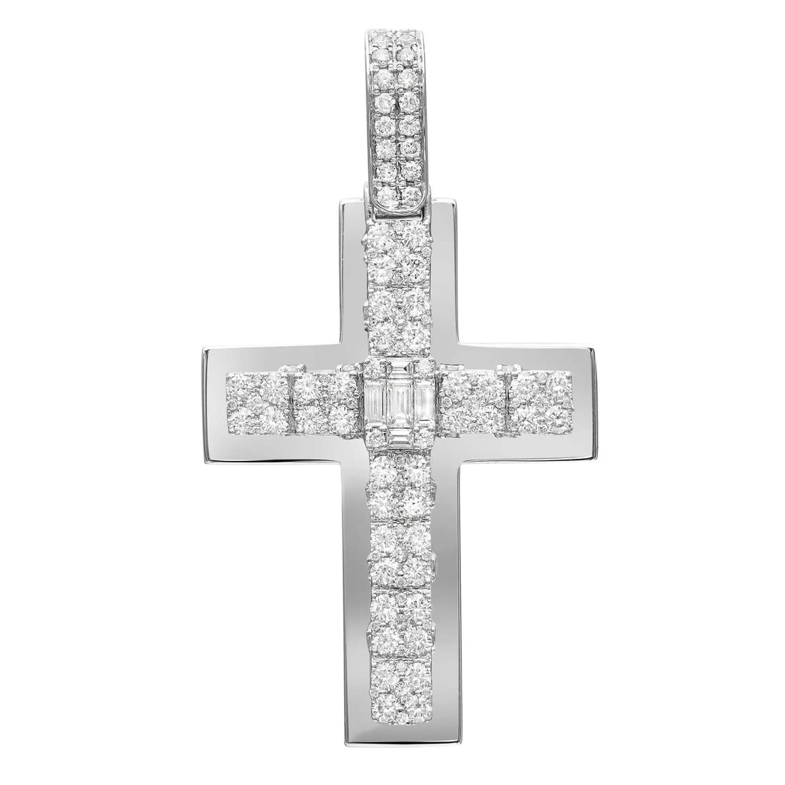 Rachel Koen 14K White Gold Diamond Cross Pendant 2.37Cttw: Rachel Koen 14K White Gold Diamond Cross Pendant 2.37Cttw This exquisite cross pendant is designed by Rachel Koen and crafted from high-quality 14K white gold. It features a stunning combination of ch