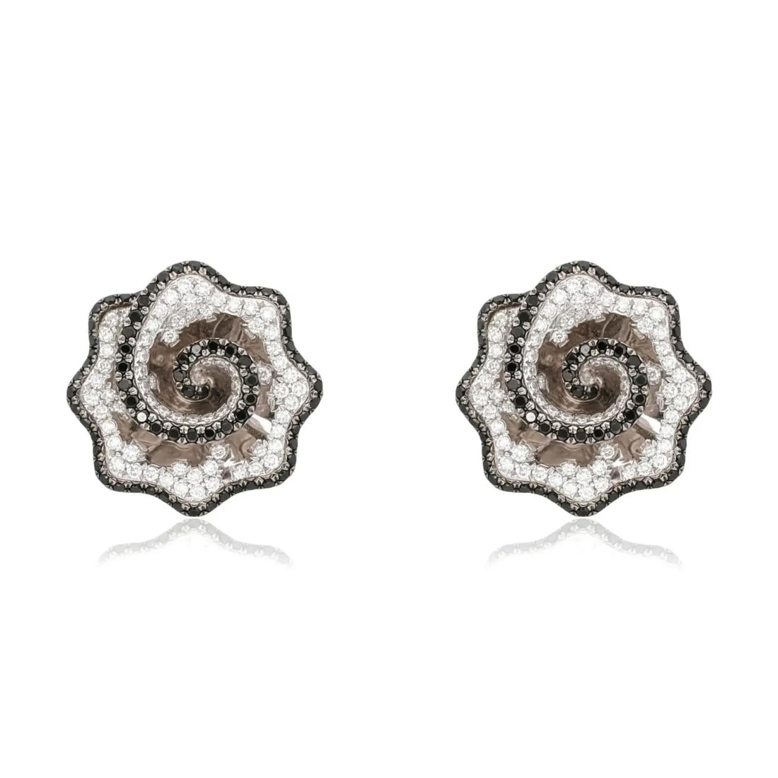 Rachel Koen 18K White Gold Black & White Diamond Rose Stud Earrings 1.55Ctw (1 of 4)