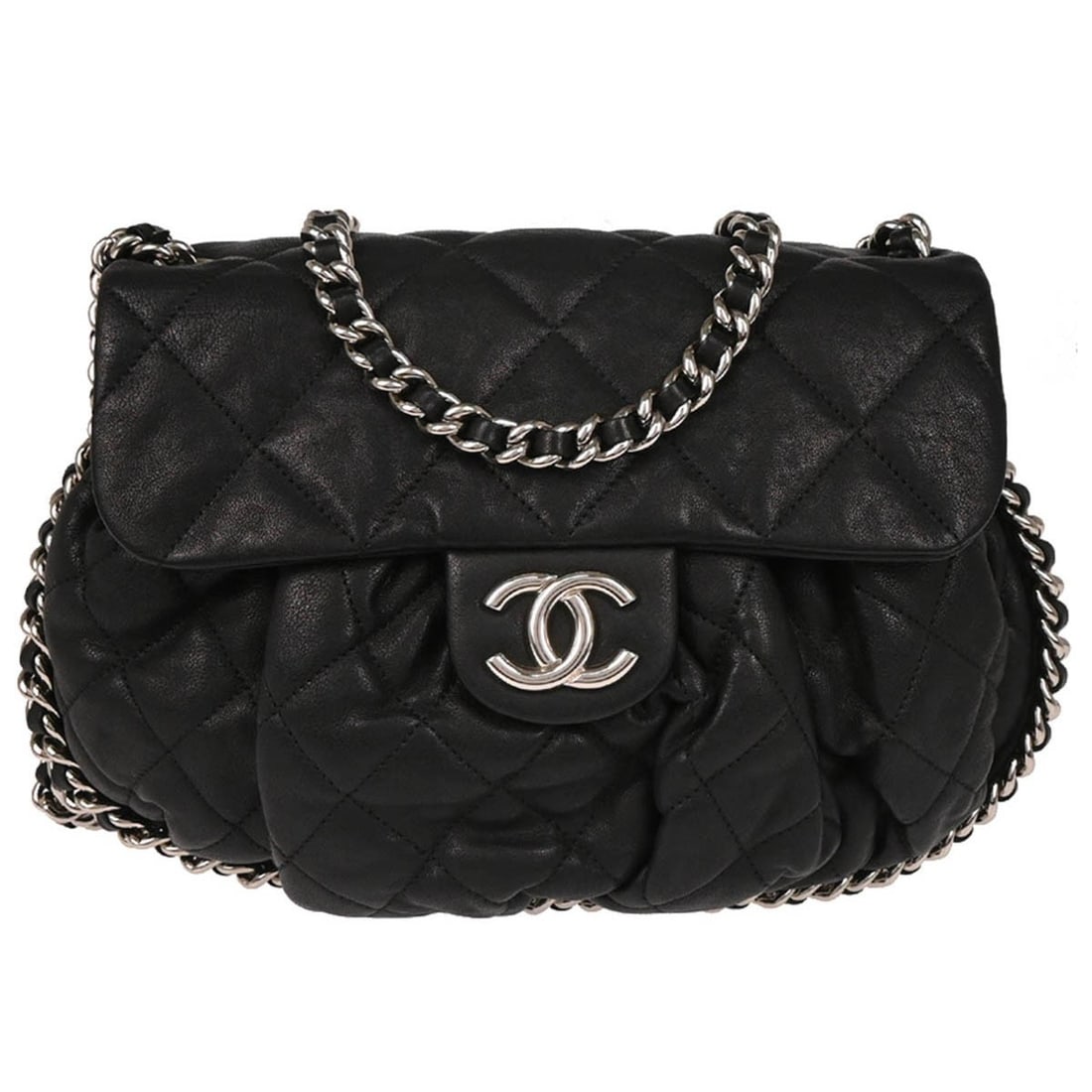 Black Chain Around Flap Shoulder Bag by Chanel: Black Chain Around Flap Shoulder Bag by Chanel This Chanel Chain Around Flap Bag is a stylish shoulder bag crafted in black material. It features a flap design and is suitable for female use. The bag