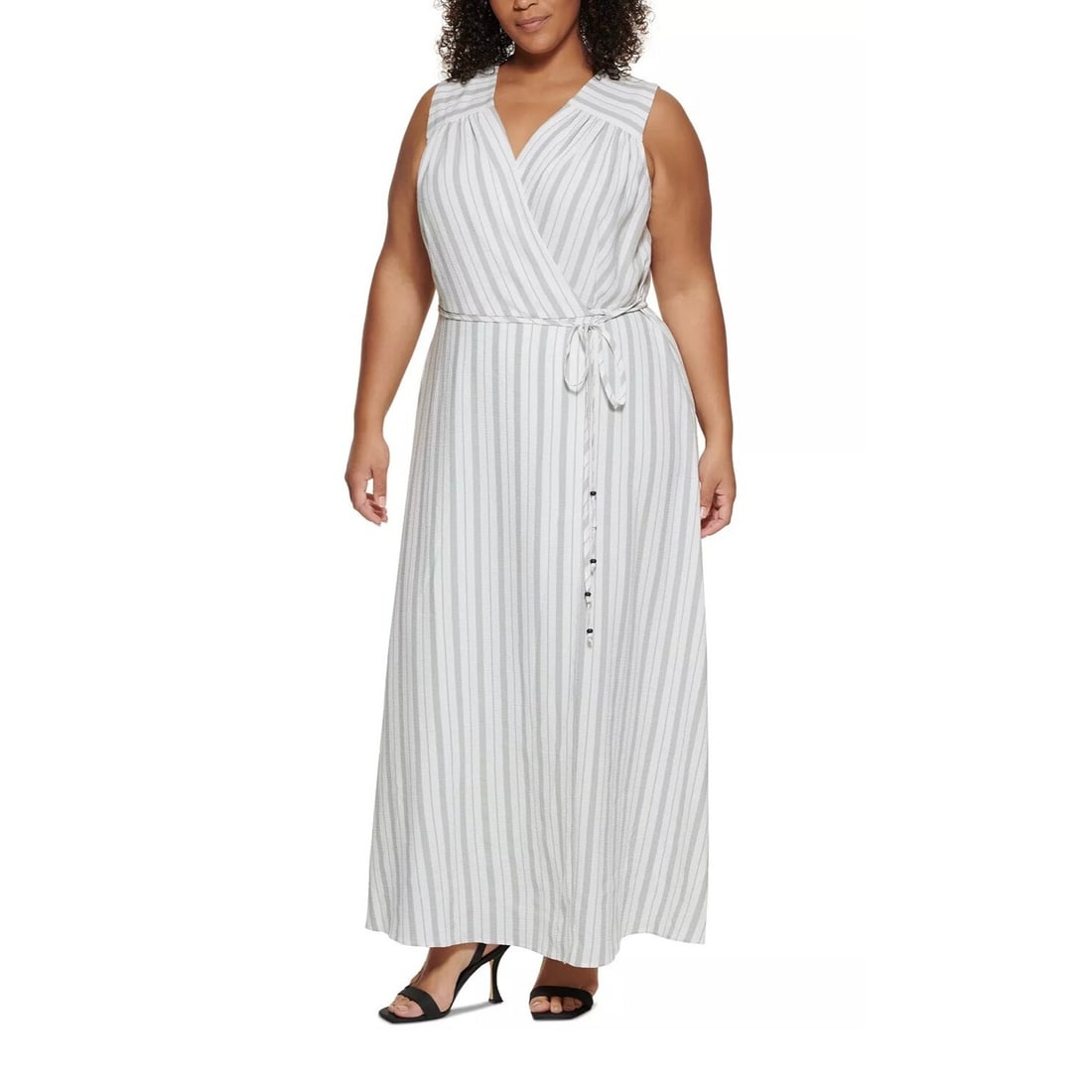 Calvin Klein Plus Size Striped V Neck Maxi Dress 16W Belted White Black (1 of 4)