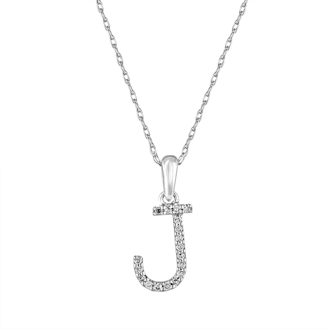 Sabrina Designs 14K White Gold Diamond Initial Necklace J: Sabrina Designs 14K White Gold Diamond Initial Necklace J This elegant 14k white gold necklace features a round pendant adorned with a diamond initial 'J'. The necklace showcases a total diamond weigh