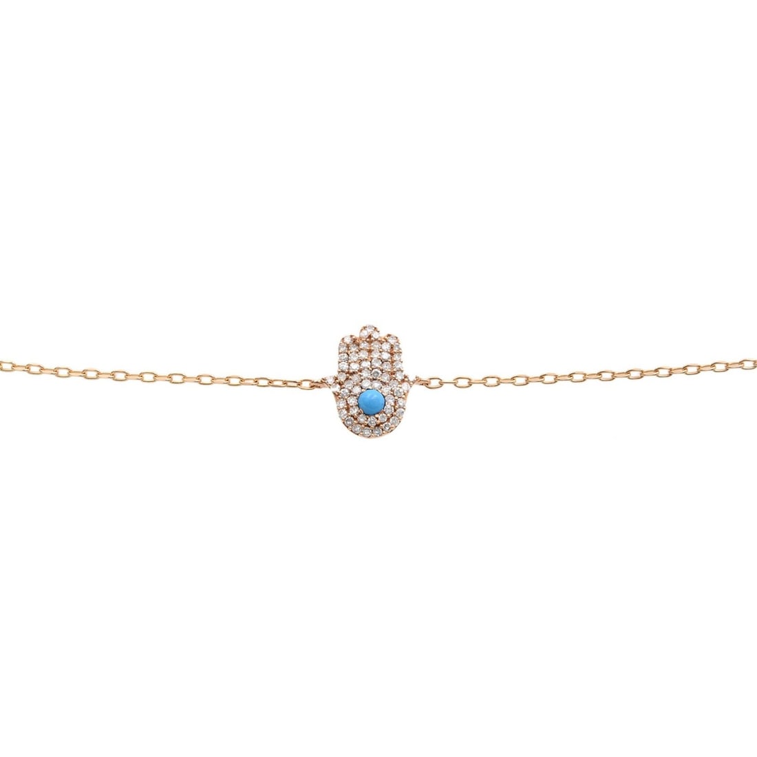 Rachel Koen 14k Rose Gold Diamond Hamsa Bracelet with Turquoise 0.15ct: Rachel Koen 14k Rose Gold Diamond Hamsa Bracelet with Turquoise 0.15ct This exquisite Rachel Koen Diamond Hamsa Bracelet is a perfect blend of elegance and meaning, crafted in luxurious 14k rose gold.