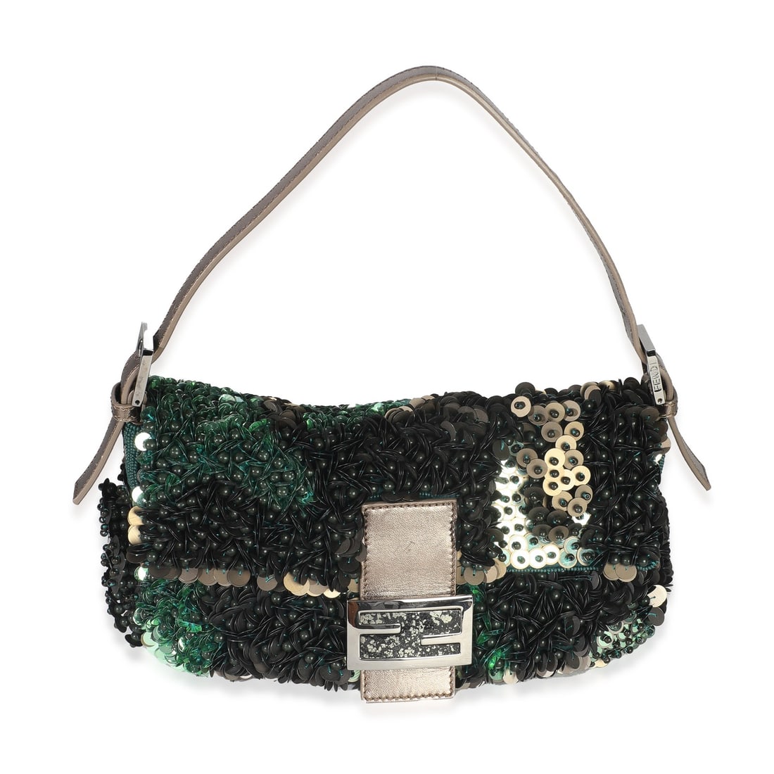 Fendi Medium Baguette Metallic Green Leather Shoulder Bag With Sequins and Beads (1 of 8)