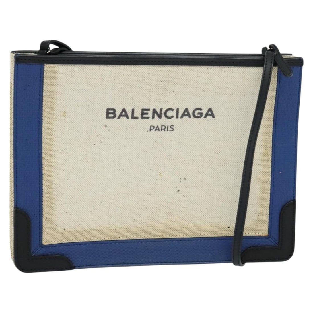 Navy Pochette Shoulder Bag by Balenciaga in Beige and Blue: Navy Pochette Shoulder Bag by Balenciaga in Beige and Blue This Balenciaga Navy Pochette is a stylish shoulder bag in a beige and blue color combination. Designed for women, it is in good condition an