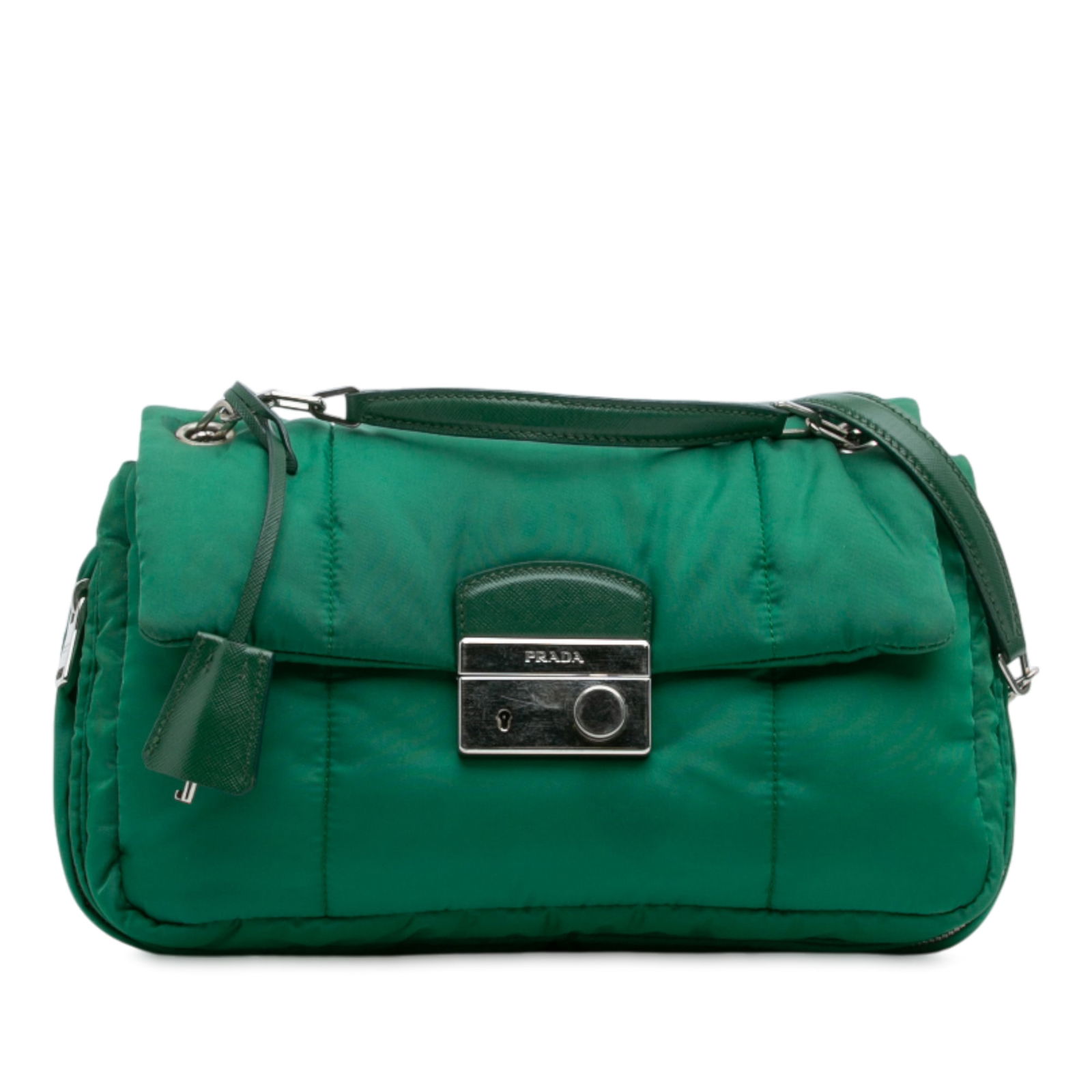 Prada Tessuto Bomber Sound Lock Chain Flap Green Nylon Bag: Prada Tessuto Bomber Sound Lock Chain Flap Green Nylon Bag This stylish Prada Tessuto Bomber Sound Lock Chain Flap bag showcases a durable nylon body in a vibrant green color. It features a chain stra