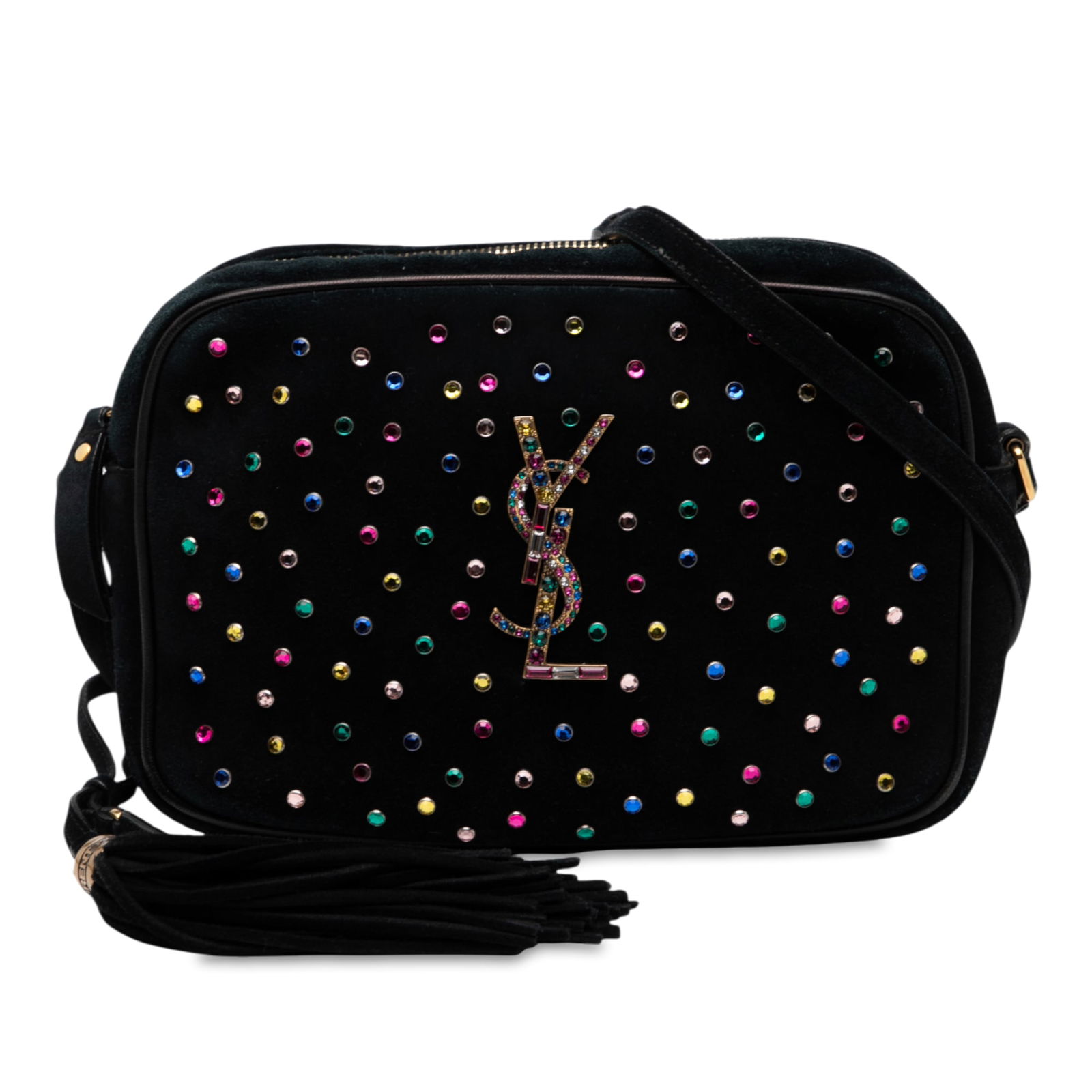 Saint Laurent Black Suede Crystal Monogram Lou Camera Bag: Saint Laurent Black Suede Crystal Monogram Lou Camera Bag The Saint Laurent Suede Crystal Monogram Lou Camera Bag is a stylish accessory crafted from premium suede. It features eye-catching crystal em