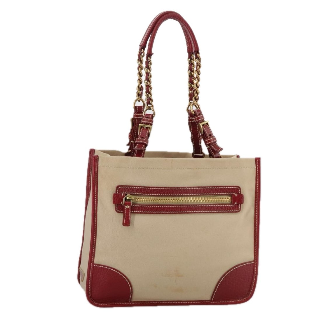 Beige Prada Vintage Tote Bag with Dual Handles: Beige Prada Vintage Tote Bag with Dual Handles This Prada vintage tote bag in beige features a classic design crafted for female users. The bag shows signs of wear including loss of shape, rubbing, st