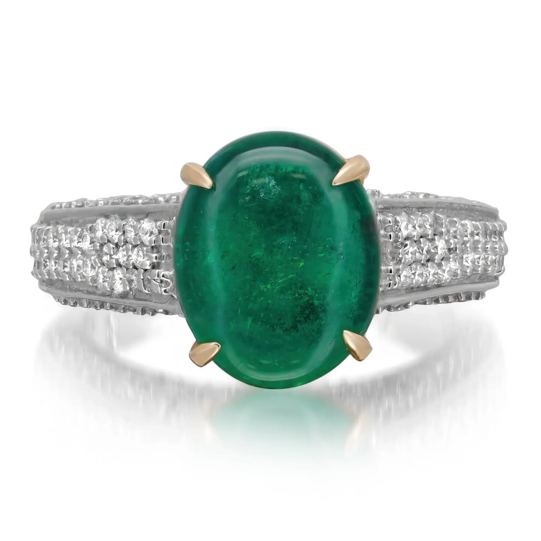 Rachel Koen 18K Gold Cocktail Ring Emerald Diamond Adjustable Size 6.25: Rachel Koen 18K Gold Cocktail Ring Emerald Diamond Adjustable Size 6.25 This stunning cocktail ring showcases a captivating oval cabochon emerald, beautifully set in a prong setting. Weighing 2.00 car
