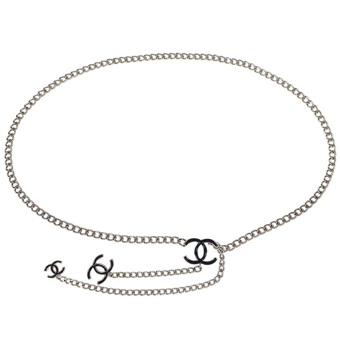 Chanel Silver CC Chain Belt Small Size 09V: Chanel Silver CC Chain Belt Small Size 09V This Chanel chain belt features the iconic CC logo and a silver tone finish. Designed in a small size, it is crafted in France and offers a stylish accessory
