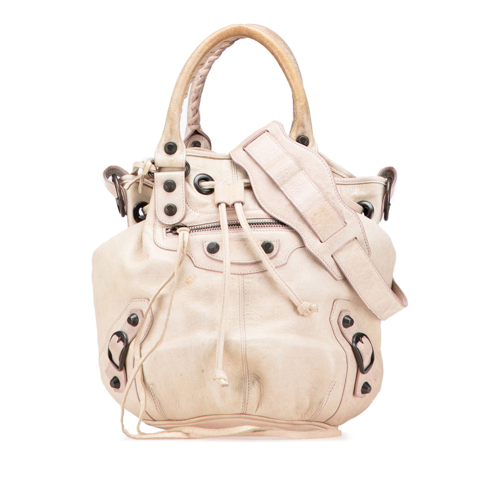 Balenciaga Brown Mini Lambskin Motocross Pompon Bag with Studs: Balenciaga Brown Mini Lambskin Motocross Pompon Bag with Studs The Balenciaga Mini Lambskin Motocross Pompon Bag combines luxury and edgy design, crafted from premium leather. It features a body adorn