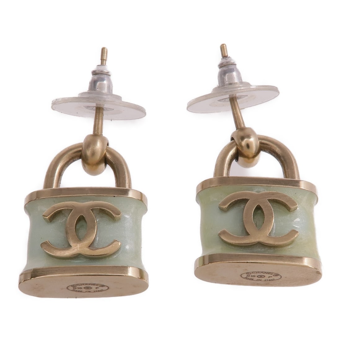 Green Metal Pierced Earrings by CHANEL with CC Logo: Green Metal Pierced Earrings by CHANEL with CC Logo These CHANEL CC earrings feature a striking green color and are crafted from mixed metal materials. Designed for pierced ears, they showcase the ico