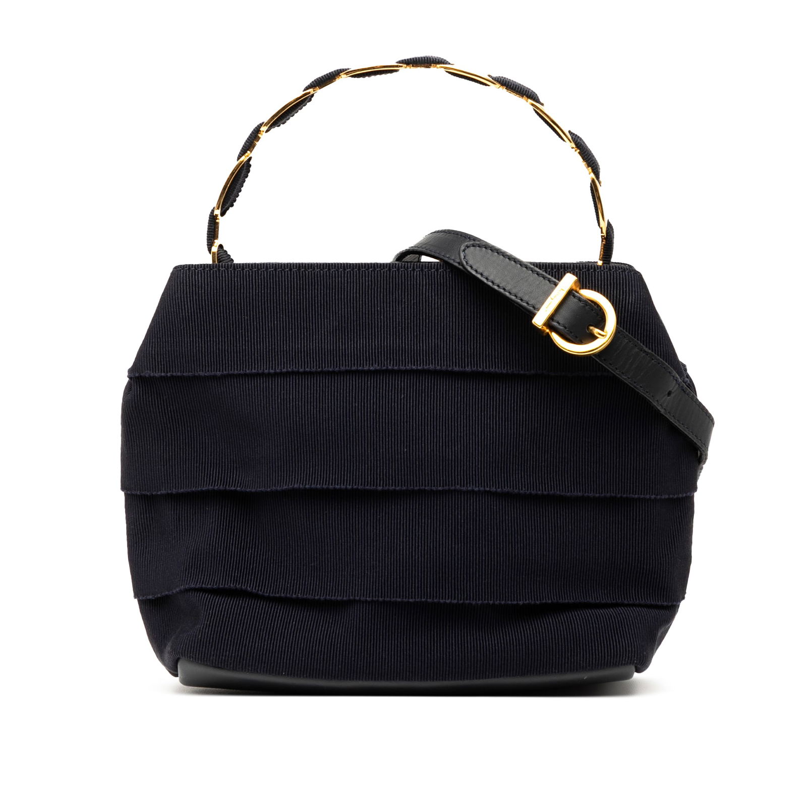 Ferragamo Black Nylon Grosgrain Vara Satchel with Gold-tone Handle: Ferragamo Black Nylon Grosgrain Vara Satchel with Gold-tone Handle The Ferragamo Nylon Tiered Grosgrain Vara Satchel is a chic and versatile bag crafted from durable nylon. This stylish black satchel