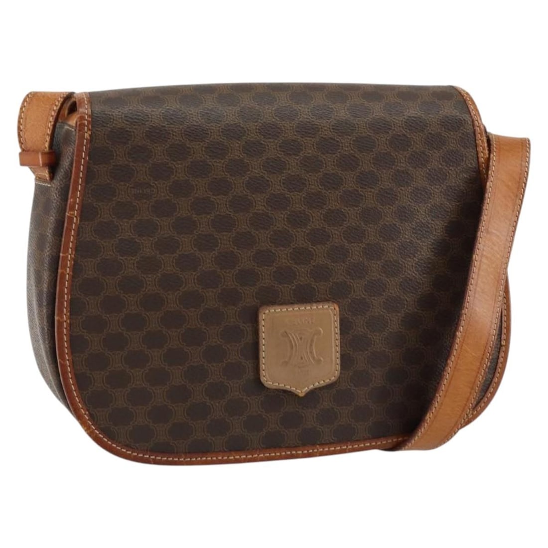 Macadam Pattern Shoulder Bag by Celine in Brown: Macadam Pattern Shoulder Bag by Celine in Brown This pre-owned Celine Macadam shoulder bag features the classic Macadam pattern in brown and is designed for women. The bag shows signs of use, includin