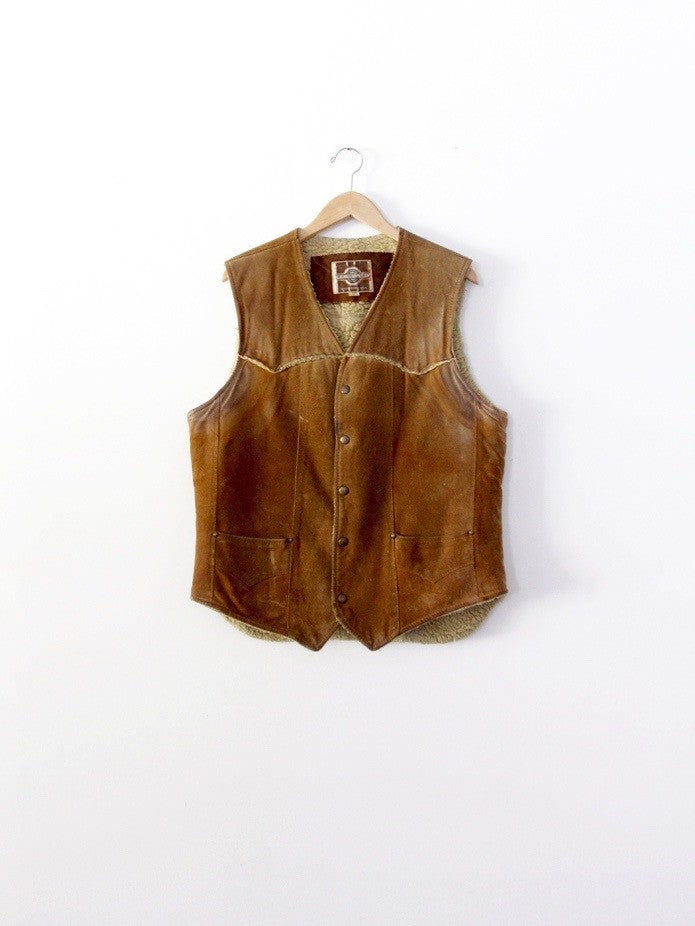 1970s Pioneer Wear Men's Shearling Leather Vest Snap Closure (1 of 6)